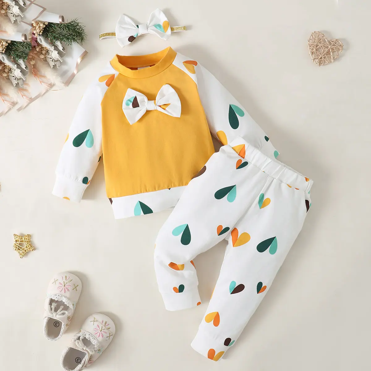 3pc/Set Baby Girl Round neck Bow Color blocked Long Sleeve+Love Printed Pants+ Bow Headband 0-12 Months Cute Baby Autumn Set