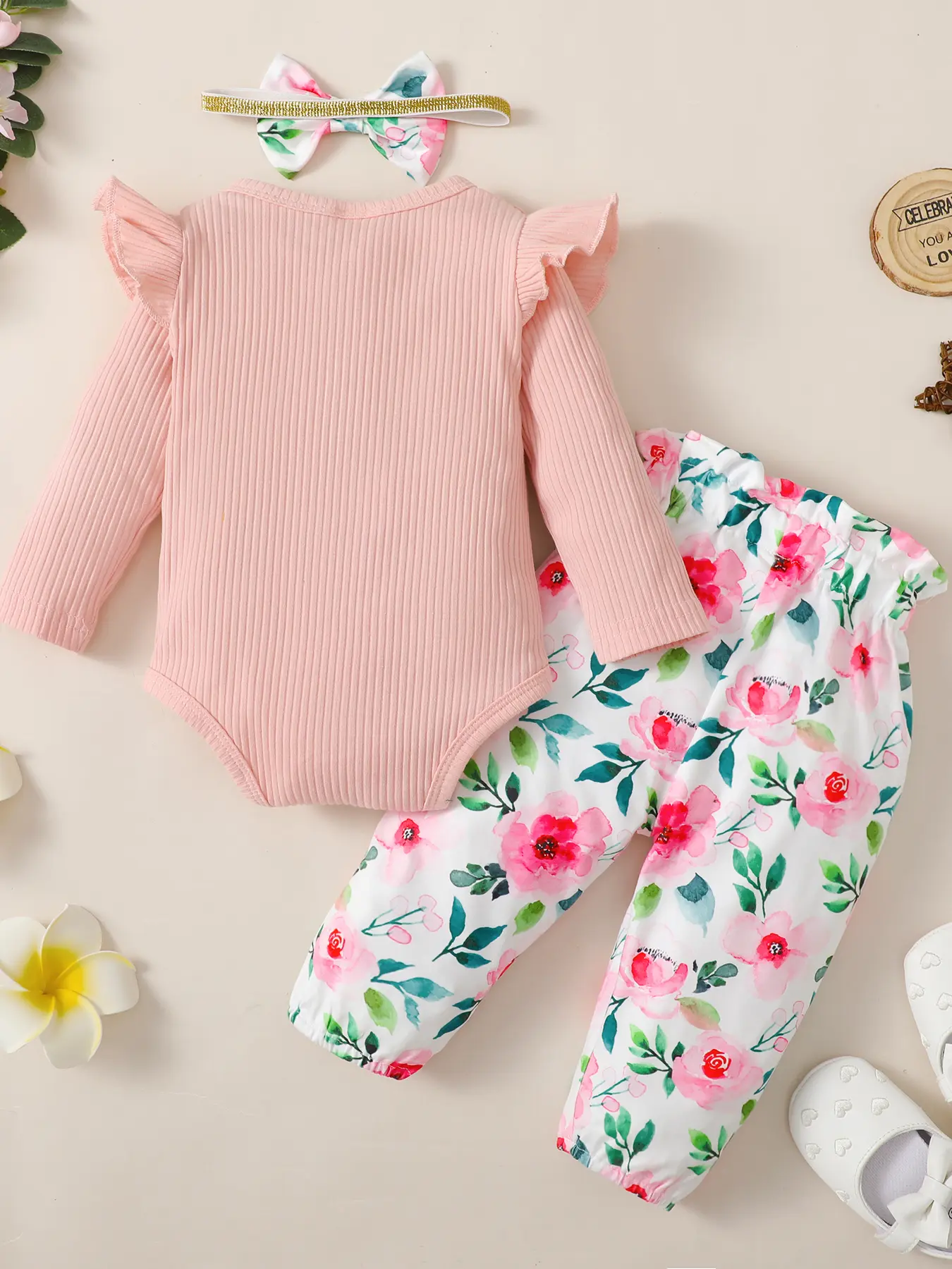 3Pcs Baby girl Round neck lace Bodysuit+Printed pants+Bow Headband Baby Spring and Autumn Set for Female Babies Aged 0-18 Months