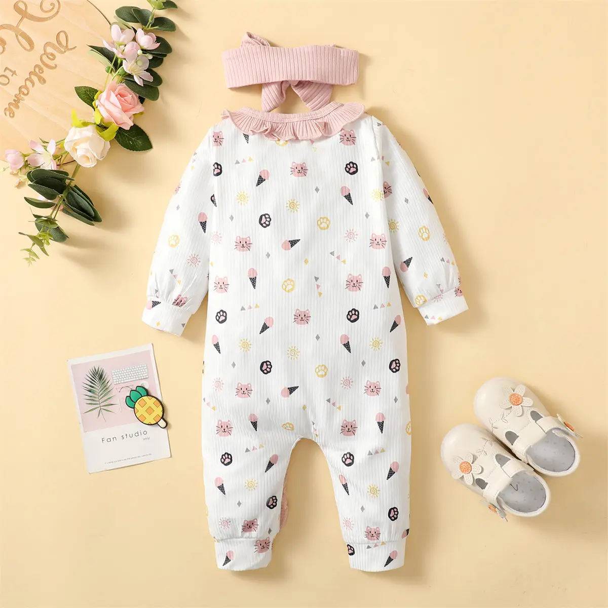 2Pcs Baby girl  Bodysuit Dessert Ruffle Edge Bodysuit+Headband fit 0-12 Months Newborn Baby girl Spring  Autumn Crawler suit