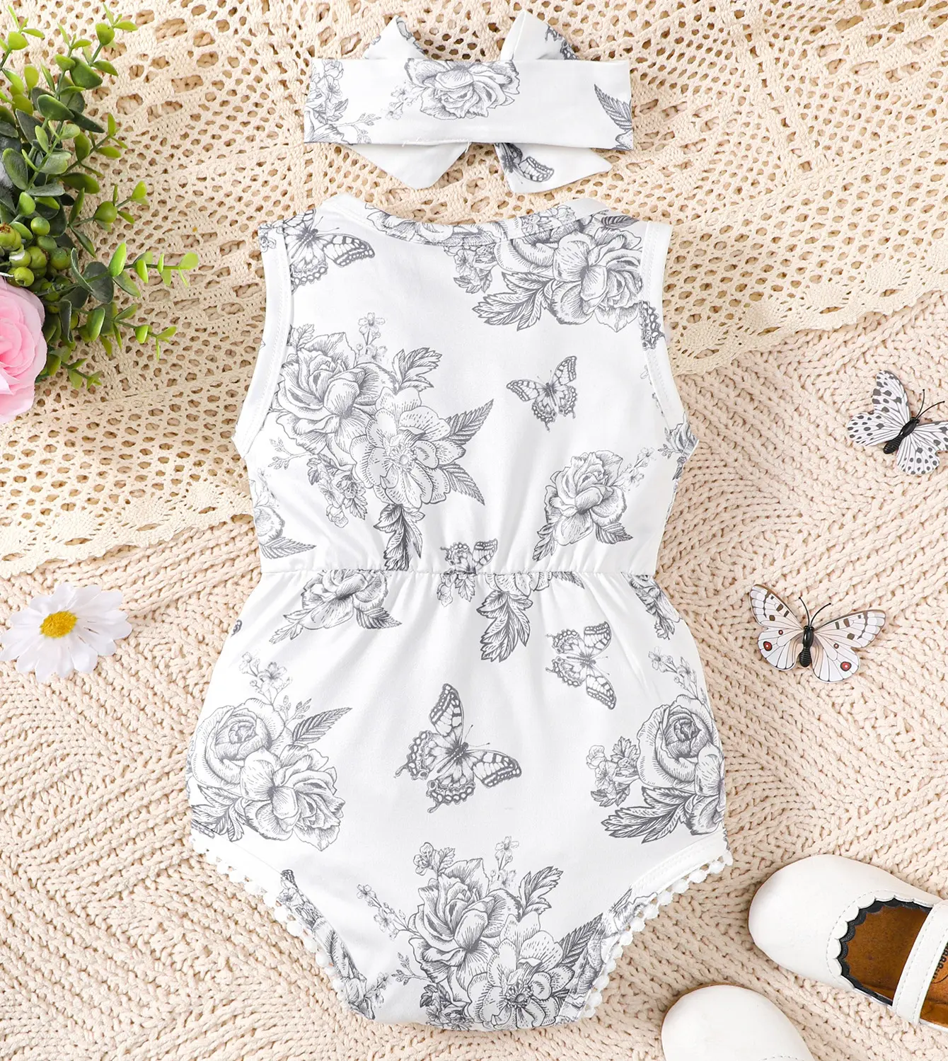 Newborn Cute Baby Girl Sketch Butterfly Flower Bodysuit And Headband  Suitable for Summer Bodysuit for Girls Aged 0-2 Years