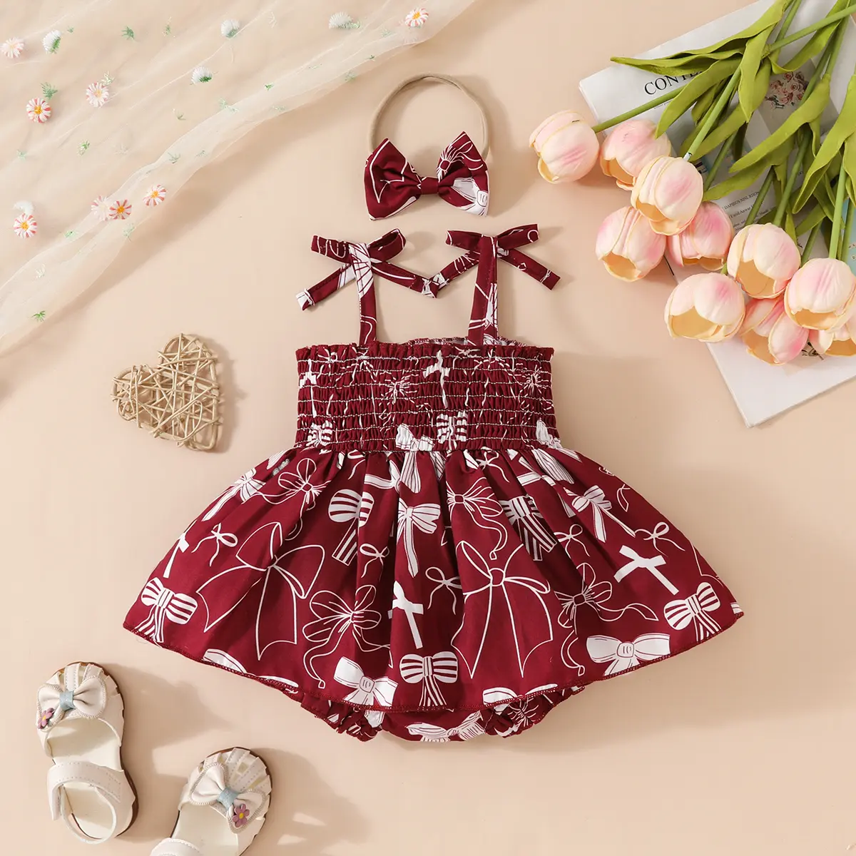 2025 Baby Girl Summer Bodysuit Bow Print Suspender Fashion Dress+ Headband Suitable Clothing for Dabies aged 0-18 Months