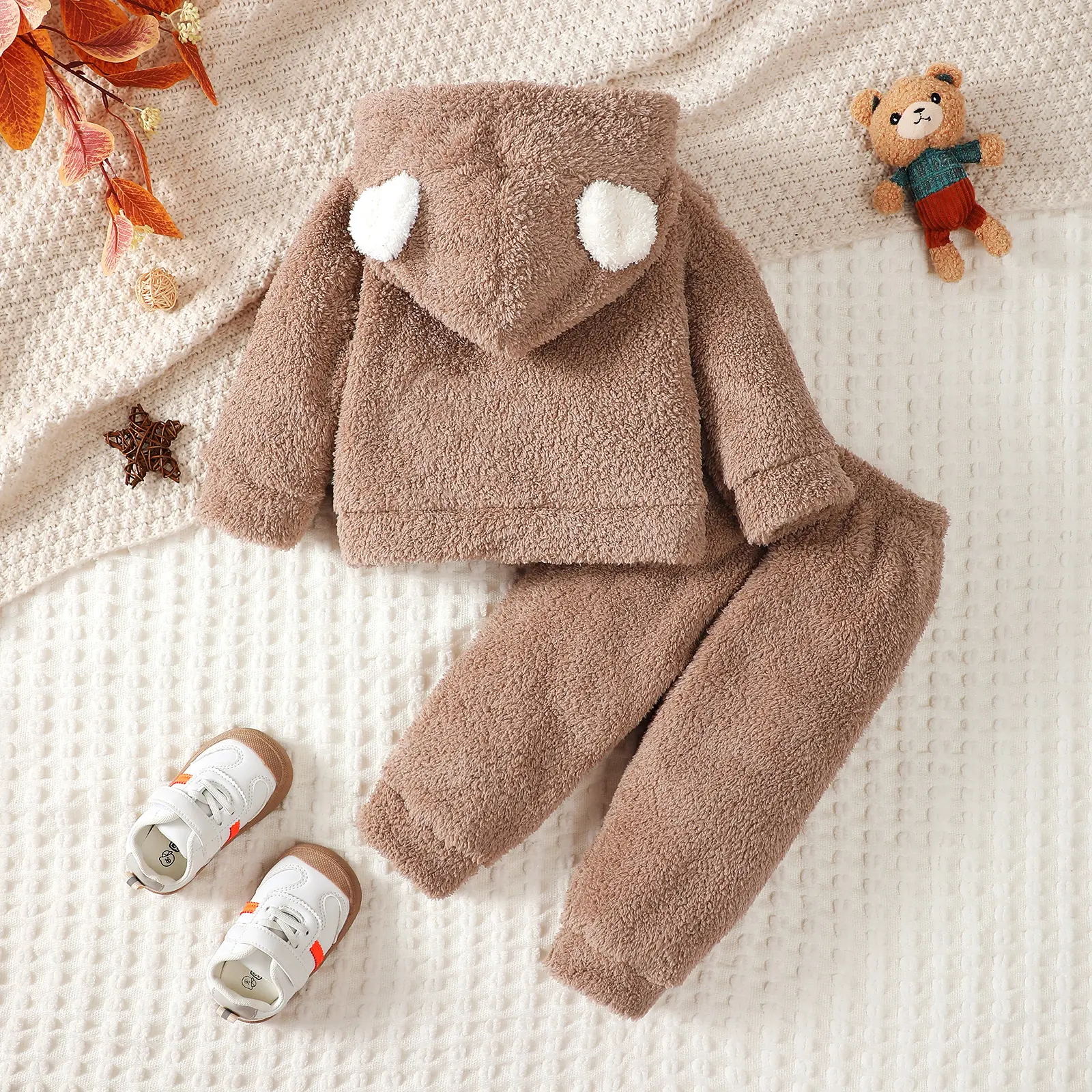 Toddler children's Boy Set Brown Hooded Plush Long sleeved Pants Two-piece Set fit 0-3 Year old Male Baby Winter Warm Suit