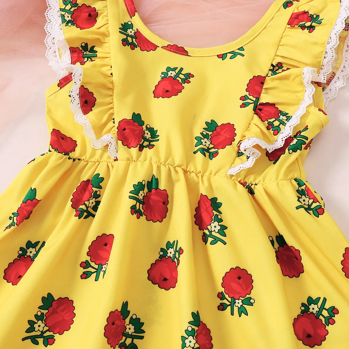 Children's Clothing Girl Pleated Edge Flower Print Dress and Headband Suitable for Summer Fashion Dresses of 1-6 Year old Girls