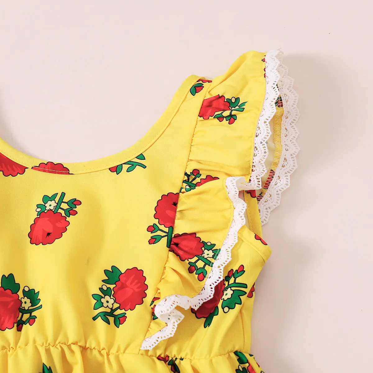 Children's Clothing Girl Pleated Edge Flower Print Dress and Headband Suitable for Summer Fashion Dresses of 1-6 Year old Girls