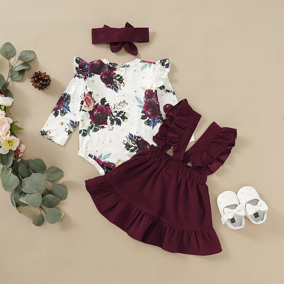 Baby Girl Fashion Set Rose pattern Long sleeved Bodysuit+Ruffled braces Skirt+Headband 3pcs fit 0-12 Months Lovely Baby Girls