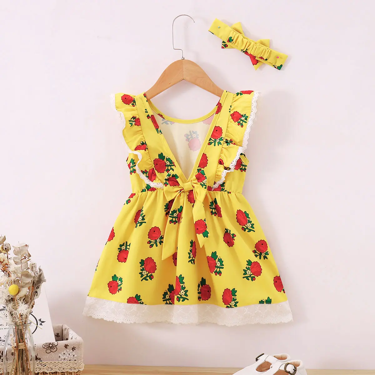 Children's Clothing Girl Pleated Edge Flower Print Dress and Headband Suitable for Summer Fashion Dresses of 1-6 Year old Girls
