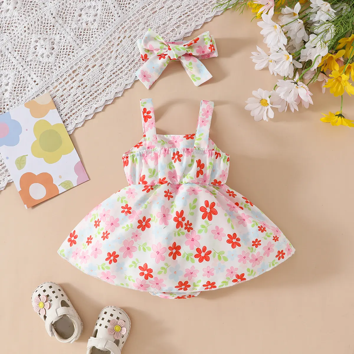 Baby girl Red floral bow Bodysuit+Headband baby clothing 0-18 months cute baby girl summer casual dress