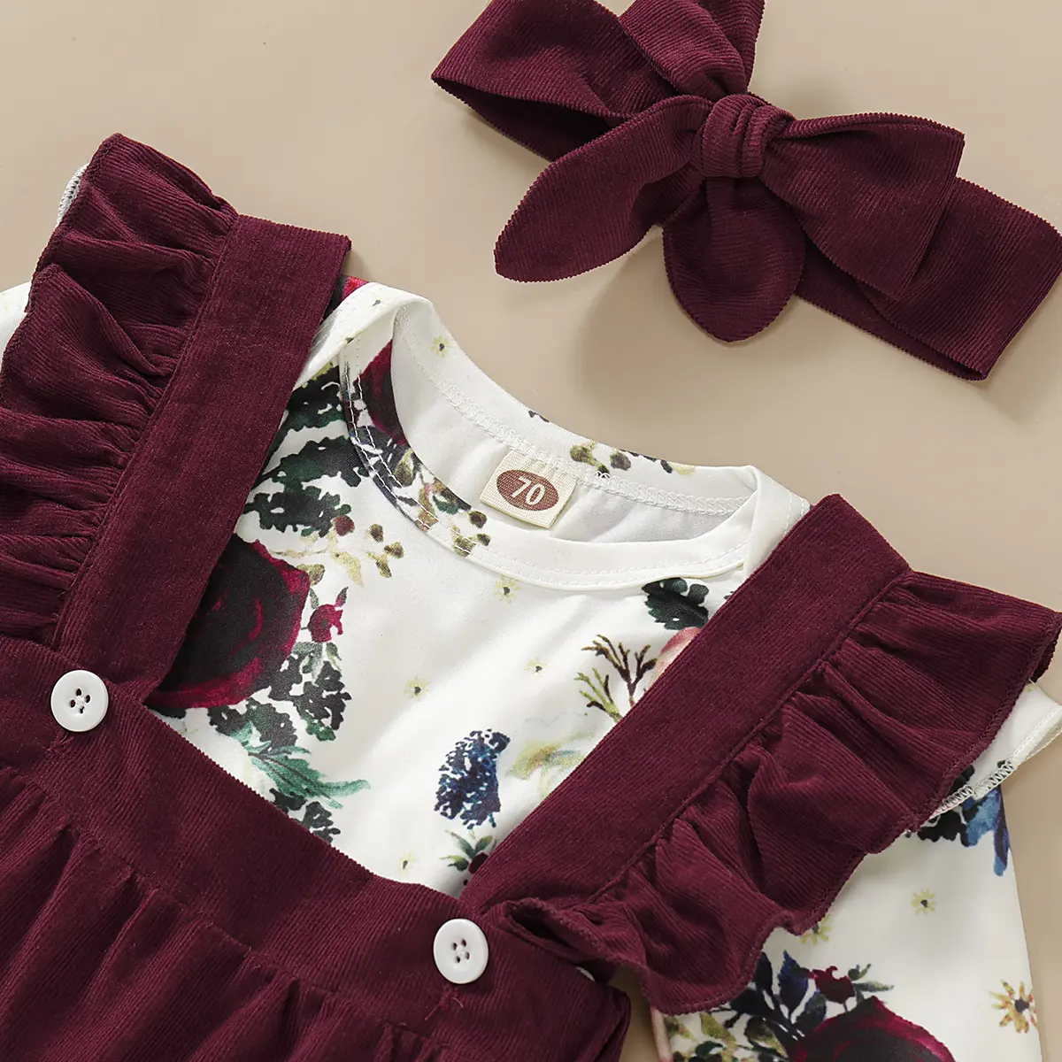 Baby Girl Fashion Set Rose pattern Long sleeved Bodysuit+Ruffled braces Skirt+Headband 3pcs fit 0-12 Months Lovely Baby Girls
