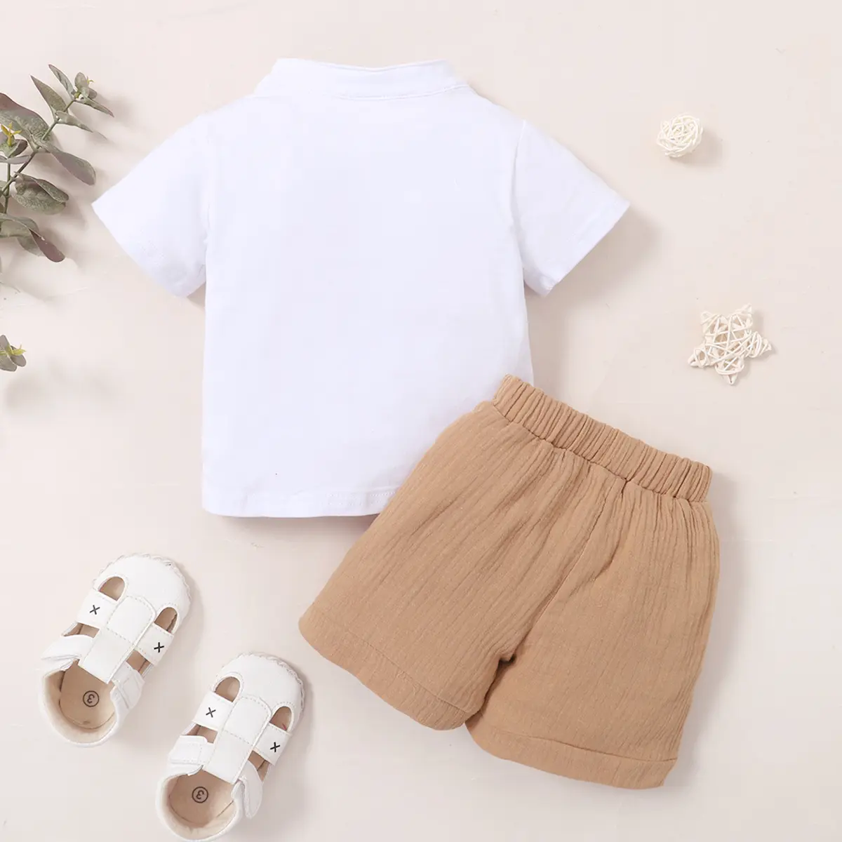 2PC Baby boy Solid color Round Neck Button Short sleeved Khaki Shorts Summer Casual Set Suitable for Toddlers aged 0-2  Years