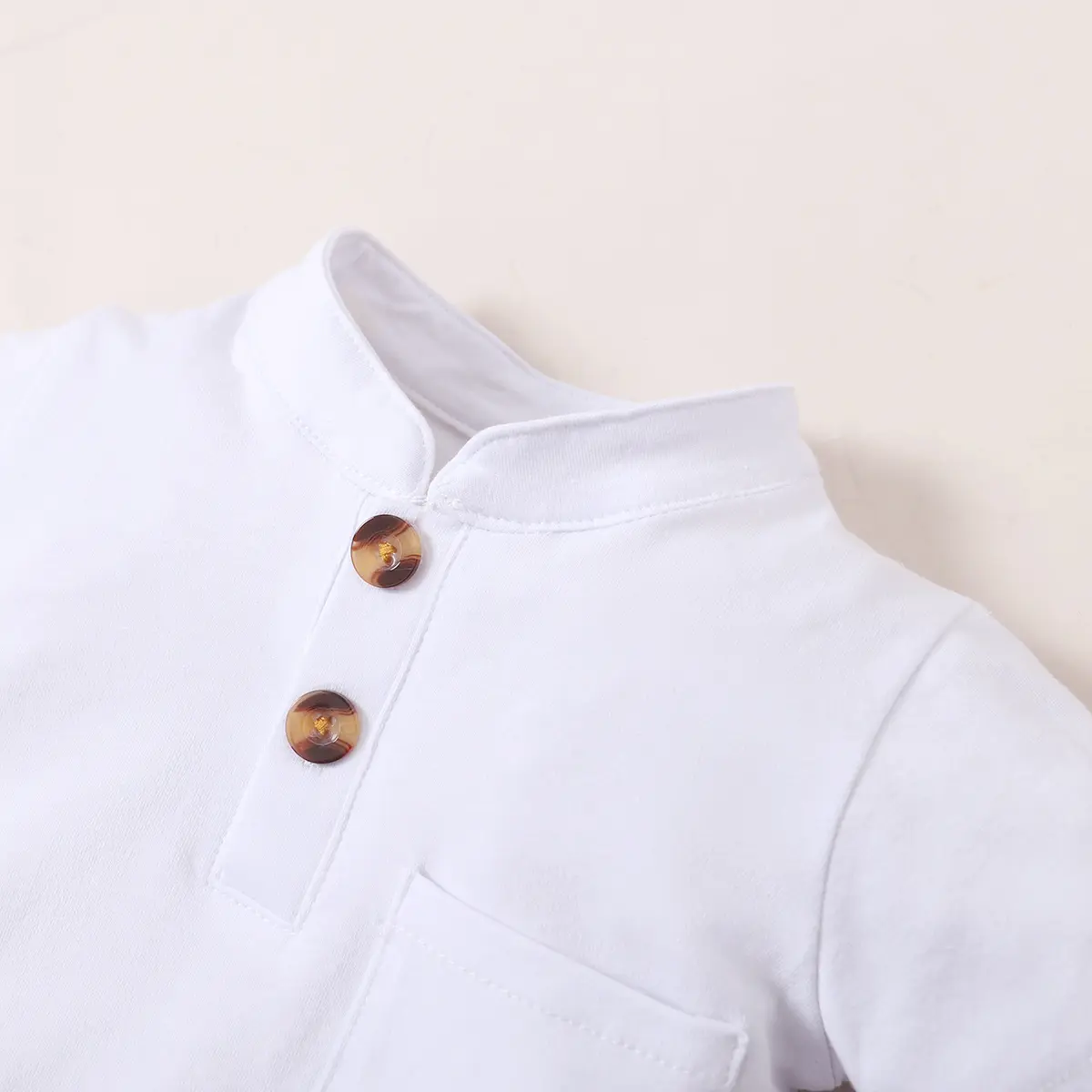2PC Baby boy Solid color Round Neck Button Short sleeved Khaki Shorts Summer Casual Set Suitable for Toddlers aged 0-2  Years
