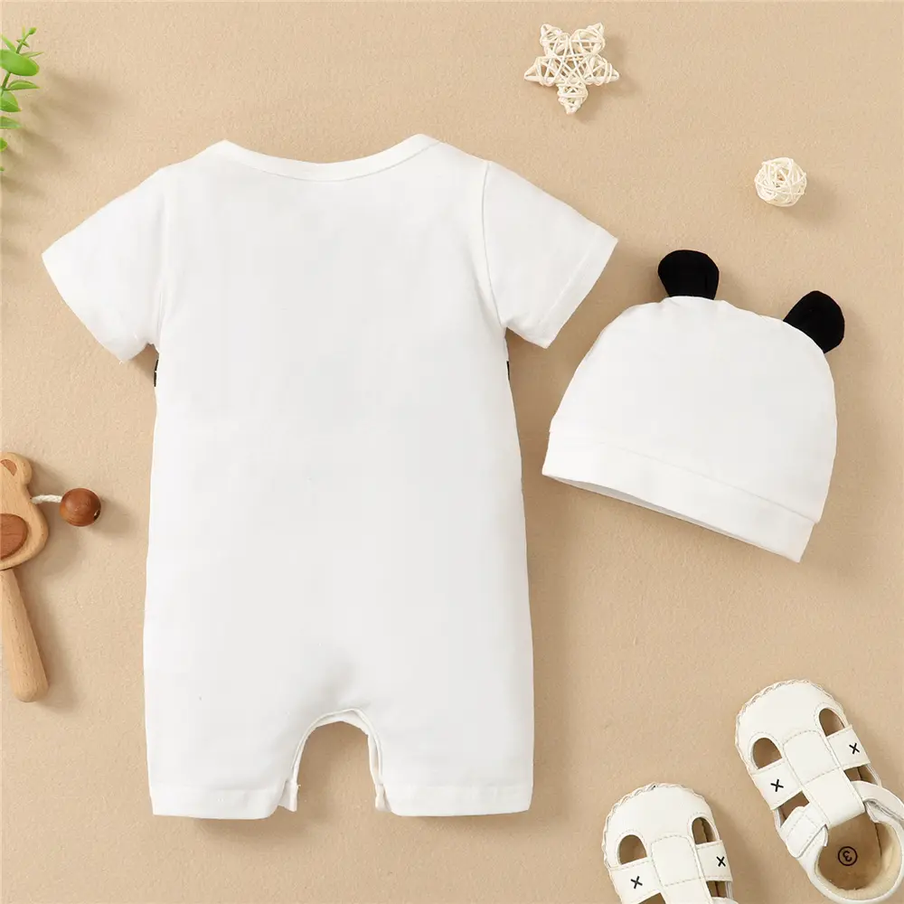 2Pcs Baby boy Bodysuit Cartoon Cute Panda Print Short sleeved Summer Bodysuit+Hat for Newborns aged 0-18 Months