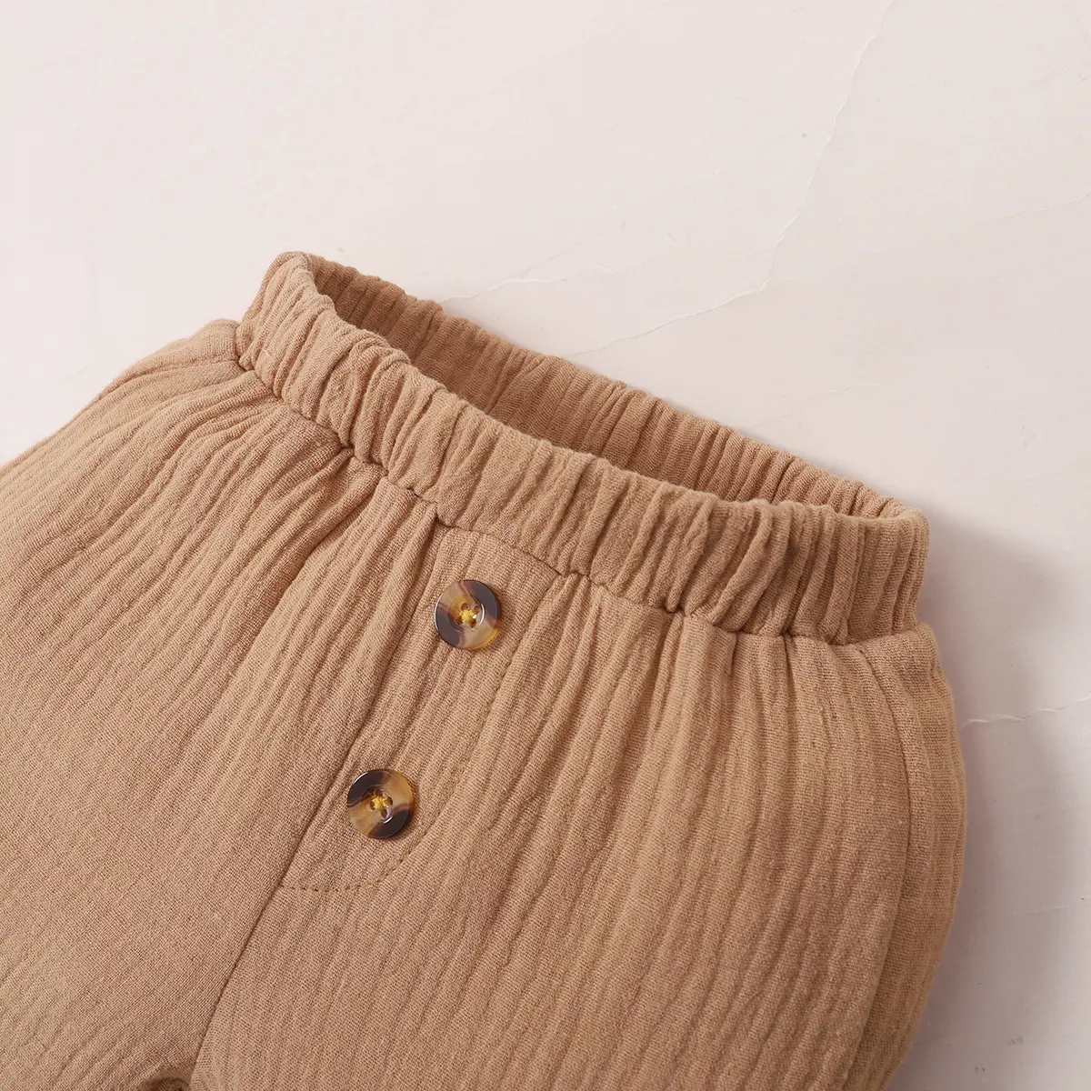 2PC Baby boy Solid color Round Neck Button Short sleeved Khaki Shorts Summer Casual Set Suitable for Toddlers aged 0-2  Years