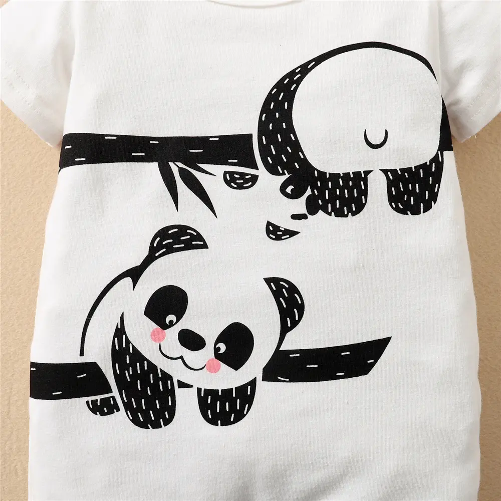 2Pcs Baby boy Bodysuit Cartoon Cute Panda Print Short sleeved Summer Bodysuit+Hat for Newborns aged 0-18 Months
