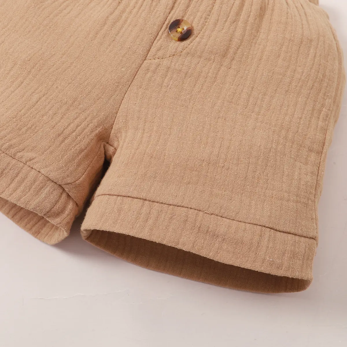 2PC Baby boy Solid color Round Neck Button Short sleeved Khaki Shorts Summer Casual Set Suitable for Toddlers aged 0-2  Years