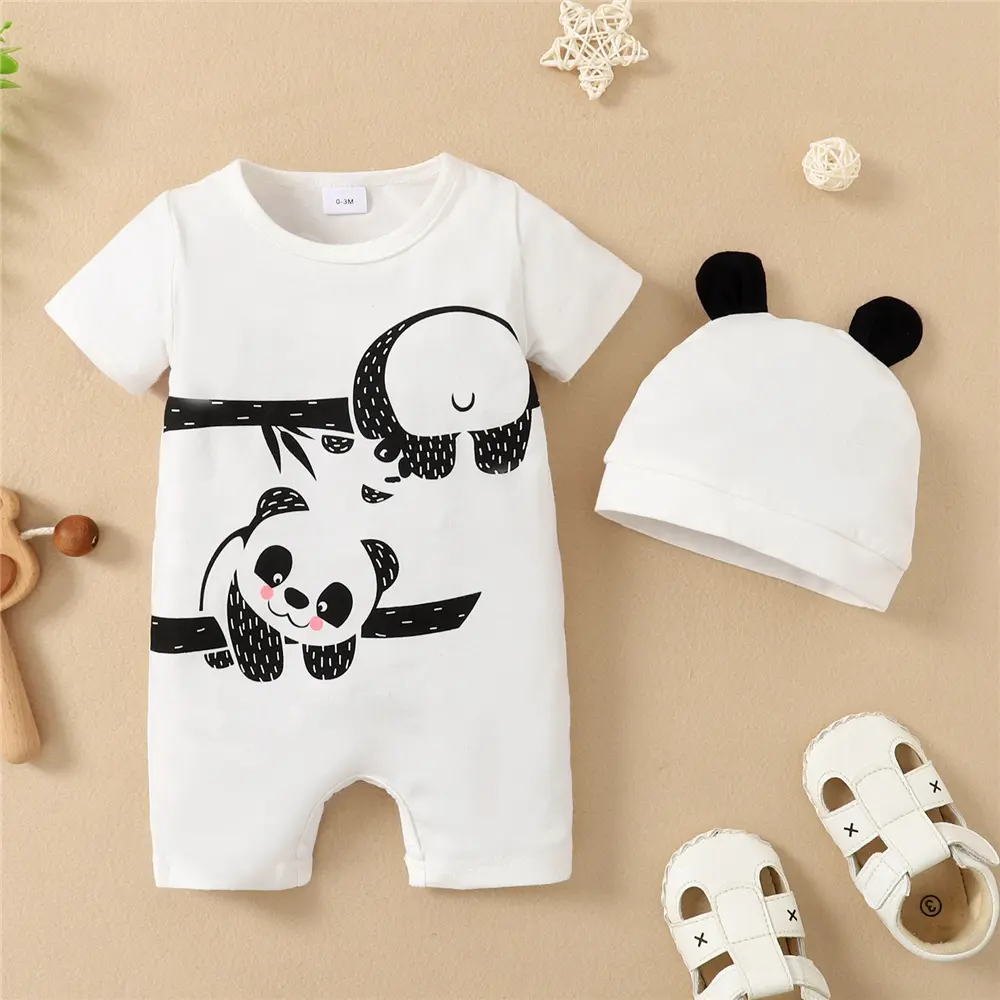 2Pcs Baby boy Bodysuit Cartoon Cute Panda Print Short sleeved Summer Bodysuit+Hat for Newborns aged 0-18 Months