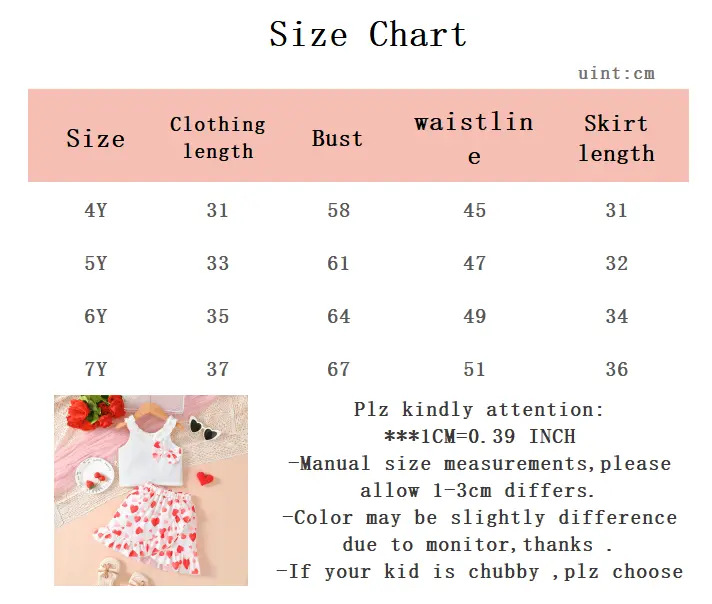 Kid Girls Summer Set Off Shoulder Bow Top Love the heart Printed Irregular Half Skirt Fashion Set Suitable for Girls Aged 4-7