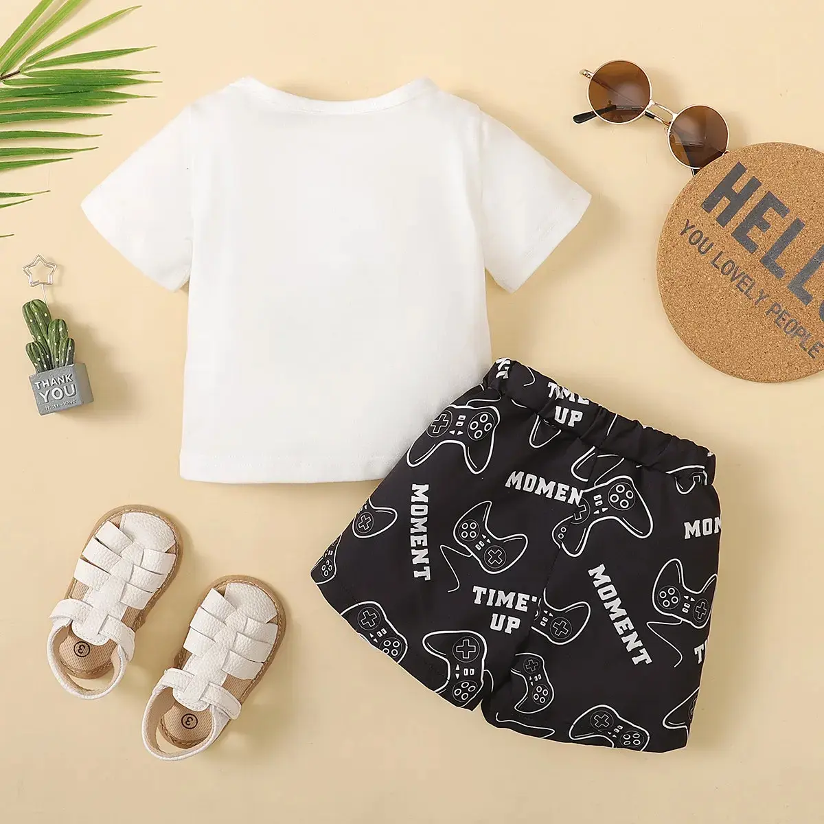 2Pcs Baby Boy Graffiti Game Controller  Short sleeve +Black Shorts Set Suitable for Handsome Boys 0-24 Months Summer Casual Set