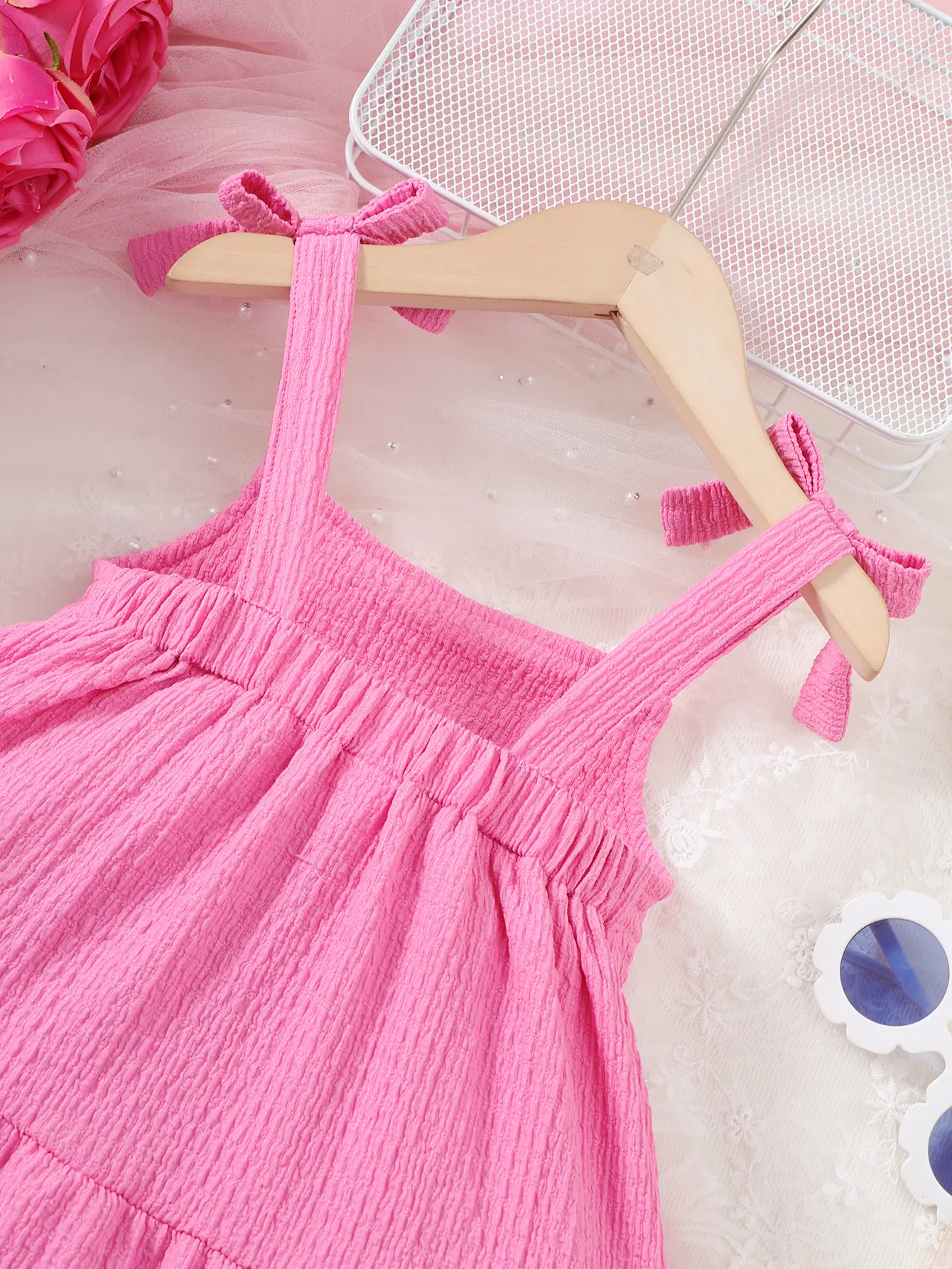 Children Girl Summer Dress Rose Red Tie up Bow Pleated Hem Dress Suitable for Cute Girls Aged 4-7 Years OutDoor Daily Pretend