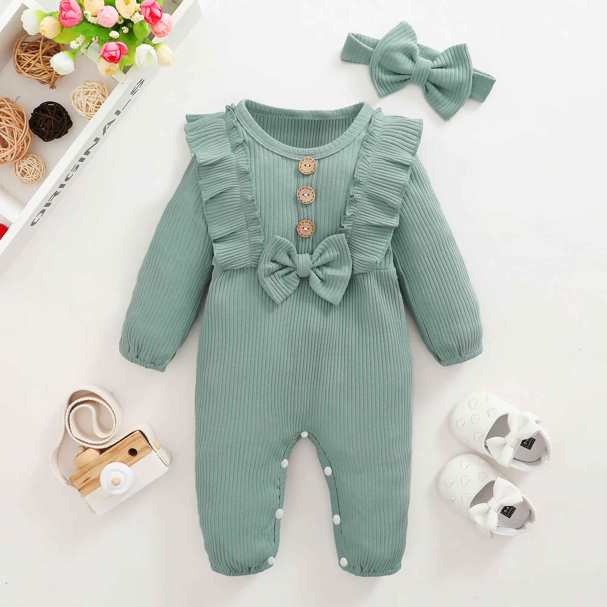 Toddler Baby Girl Romper Long Sleeved Ruffle Bodysuit with Headband Autumn & Winter Onesie Outfit Clothing for Baby 0-18 Months