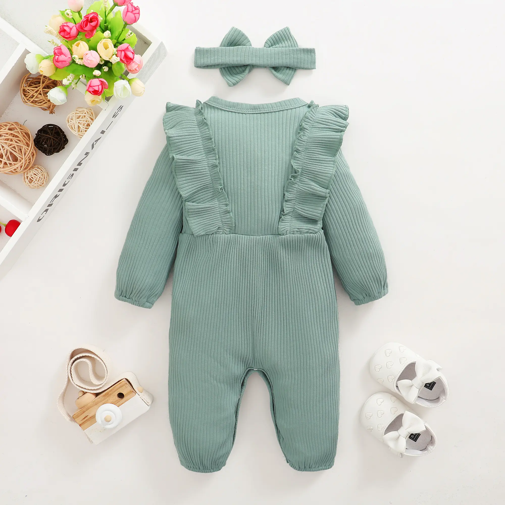 Toddler Baby Girl Romper Long Sleeved Ruffle Bodysuit with Headband Autumn & Winter Onesie Outfit Clothing for Baby 0-18 Months