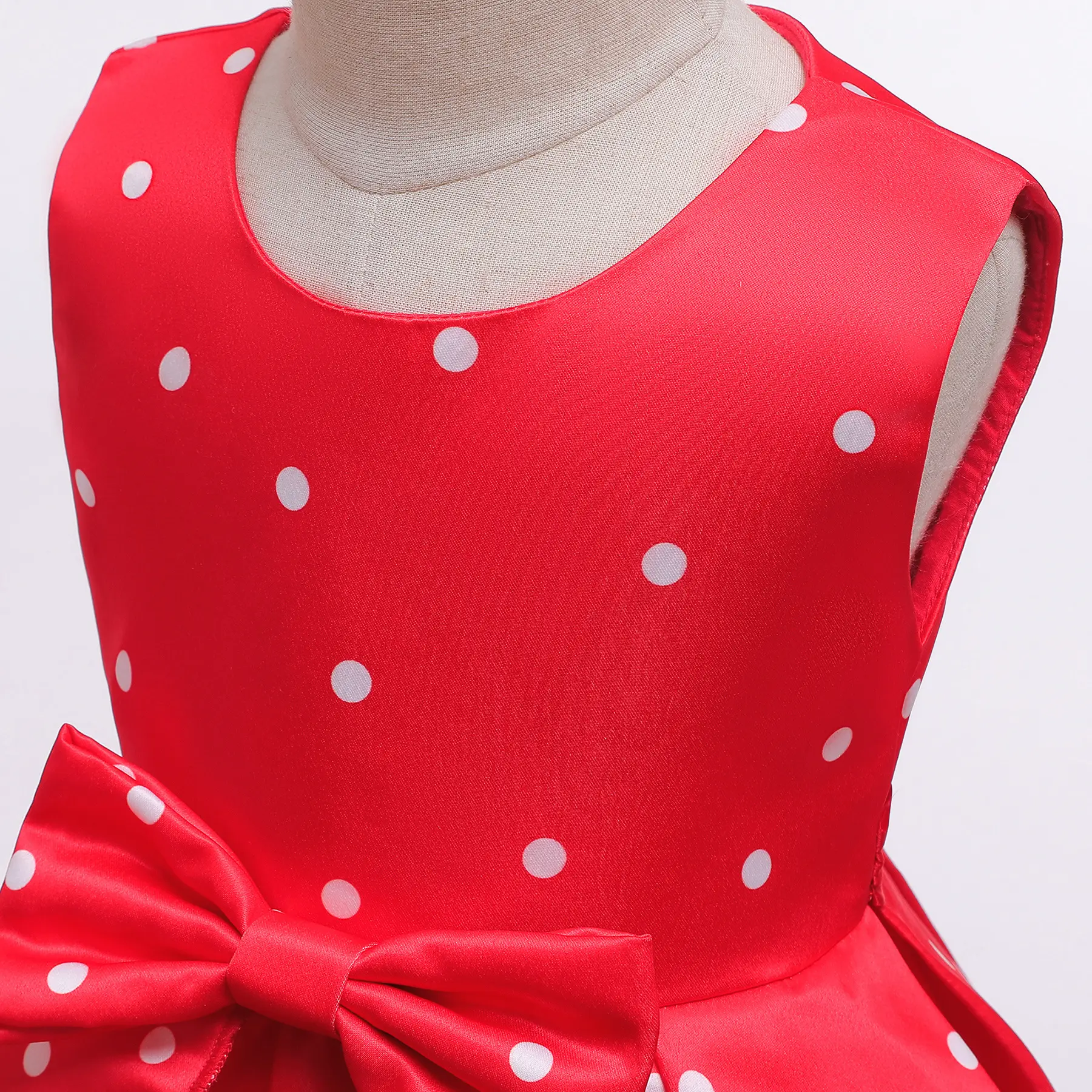 Children's and Girls' Gathering Dress, Round Neck Bow Polka Dot Fress, 2-10 Year old Girls' Birthday Party Dress