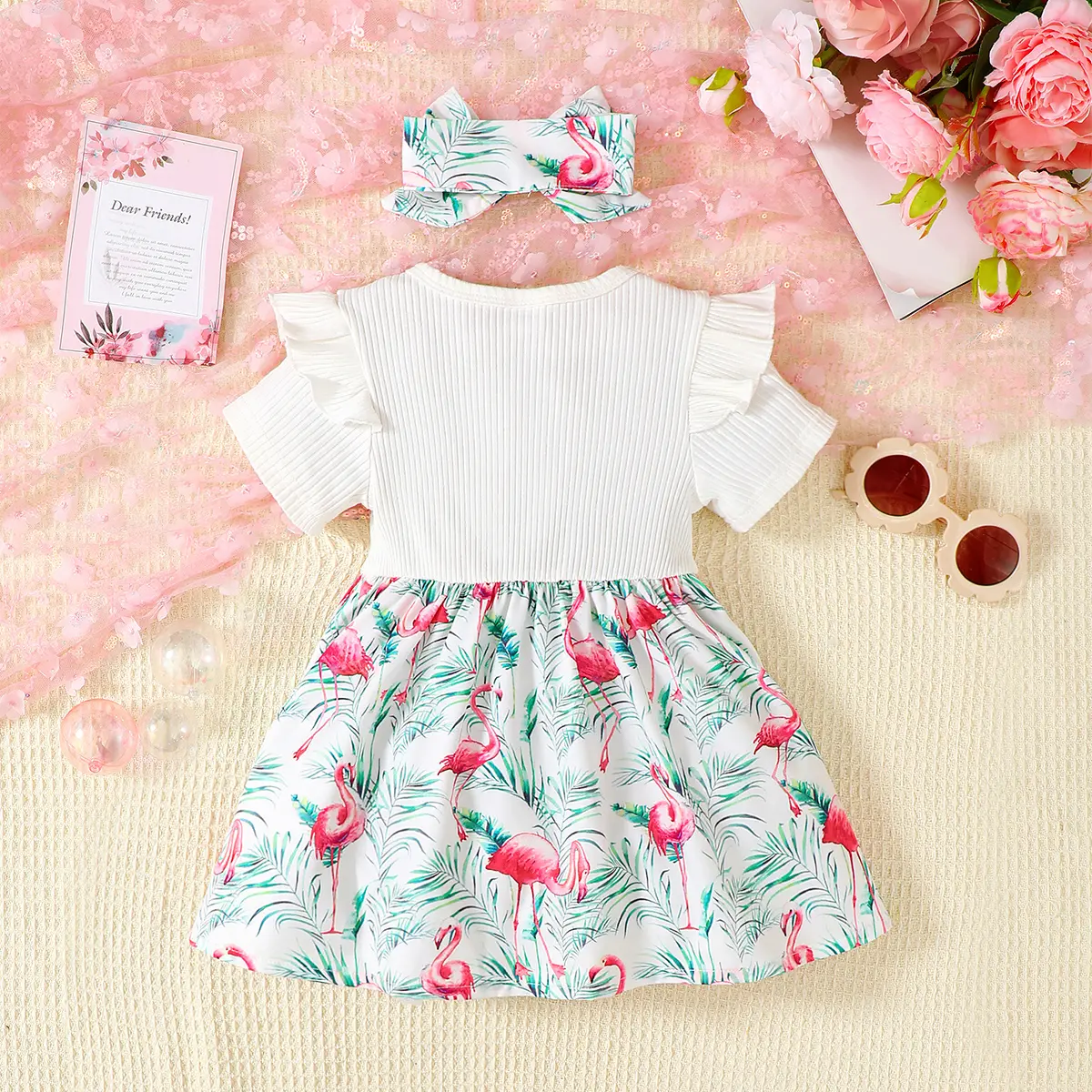 Baby girl Dress Flying sleeve Flamingo Printing Dress+Headband Two-piece Set 0-3 Year Toddler Baby Girl Summer Leisure Dress