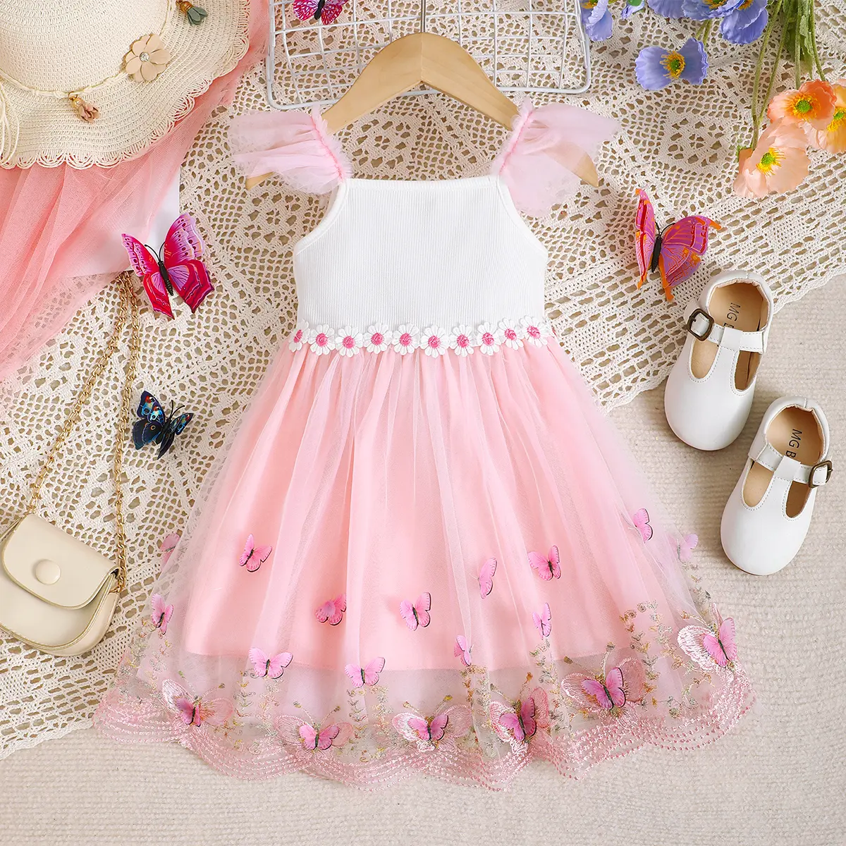 Baby girl Summer Dress Beautiful Embroidered Butterfly Tulle Princess Dress Toddler Holiday Party Dress suitable for 0-3 Year