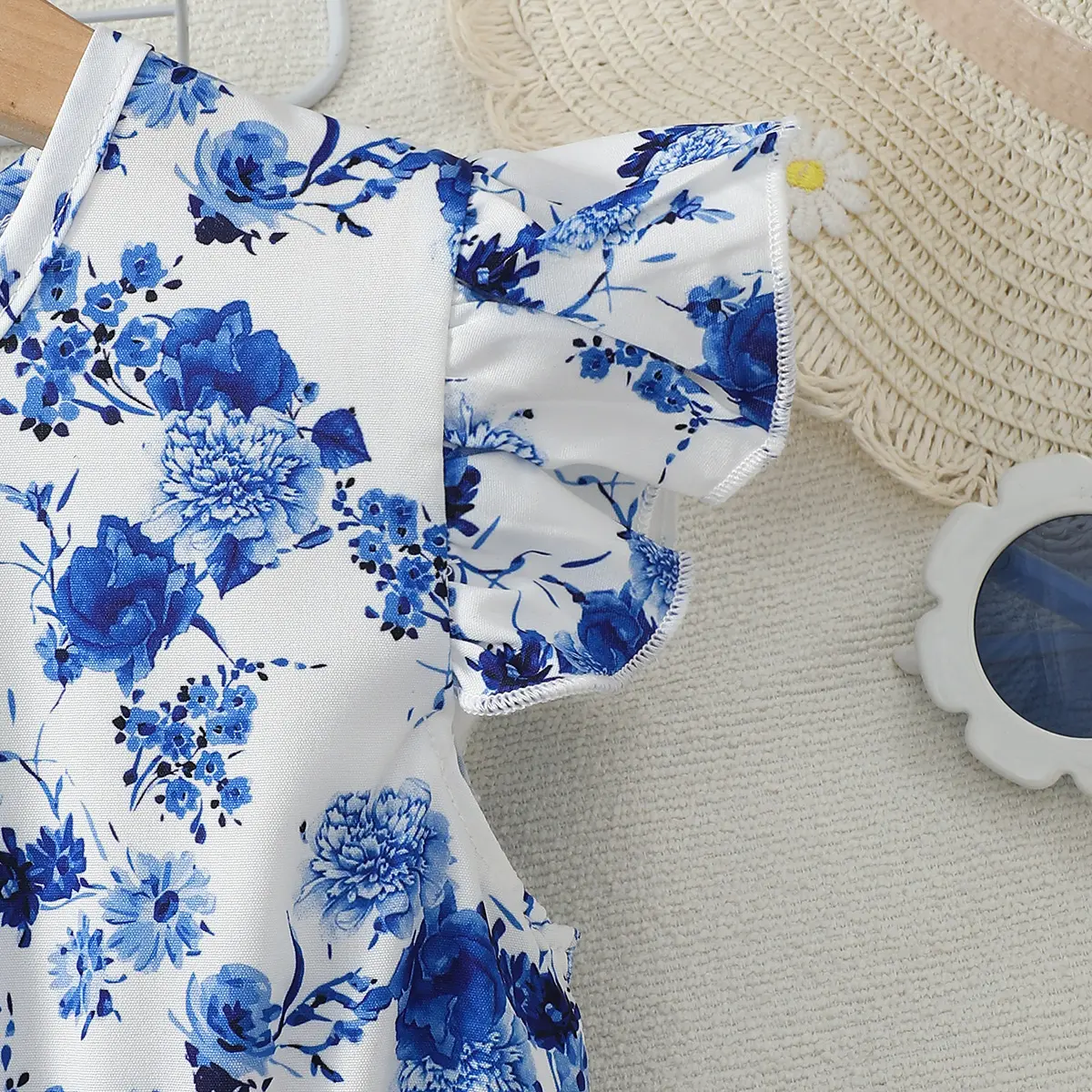 2025 Kid Girls' Dress Blue Floral Double-layer Ruffle Edge Sleeveless Dress suitable for 1-6 Year old Girls' Summer Casual Dress