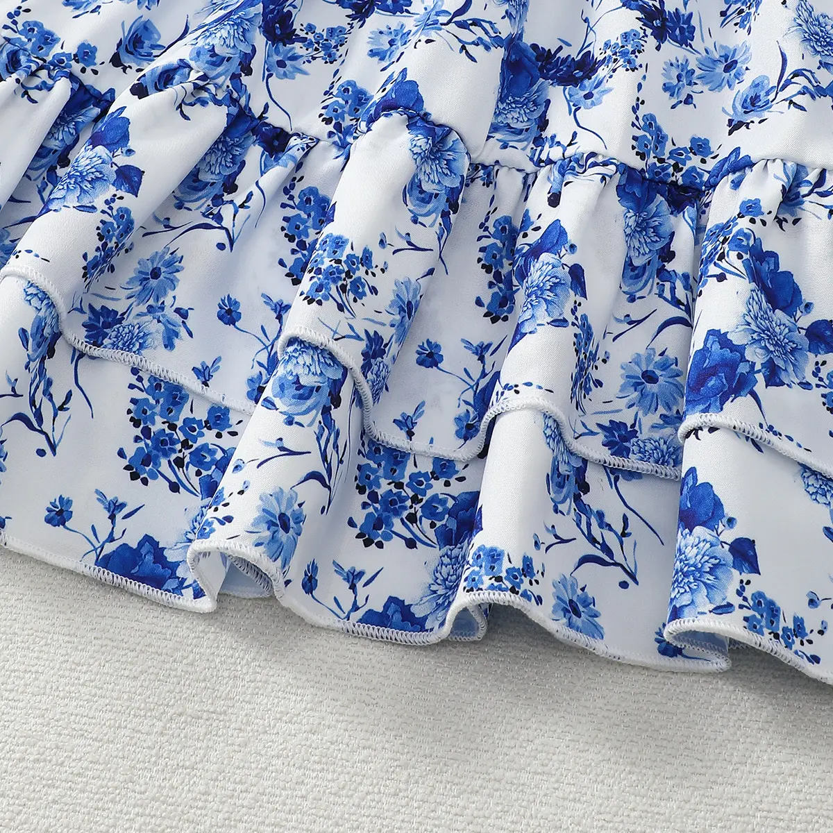 2025 Kid Girls' Dress Blue Floral Double-layer Ruffle Edge Sleeveless Dress suitable for 1-6 Year old Girls' Summer Casual Dress
