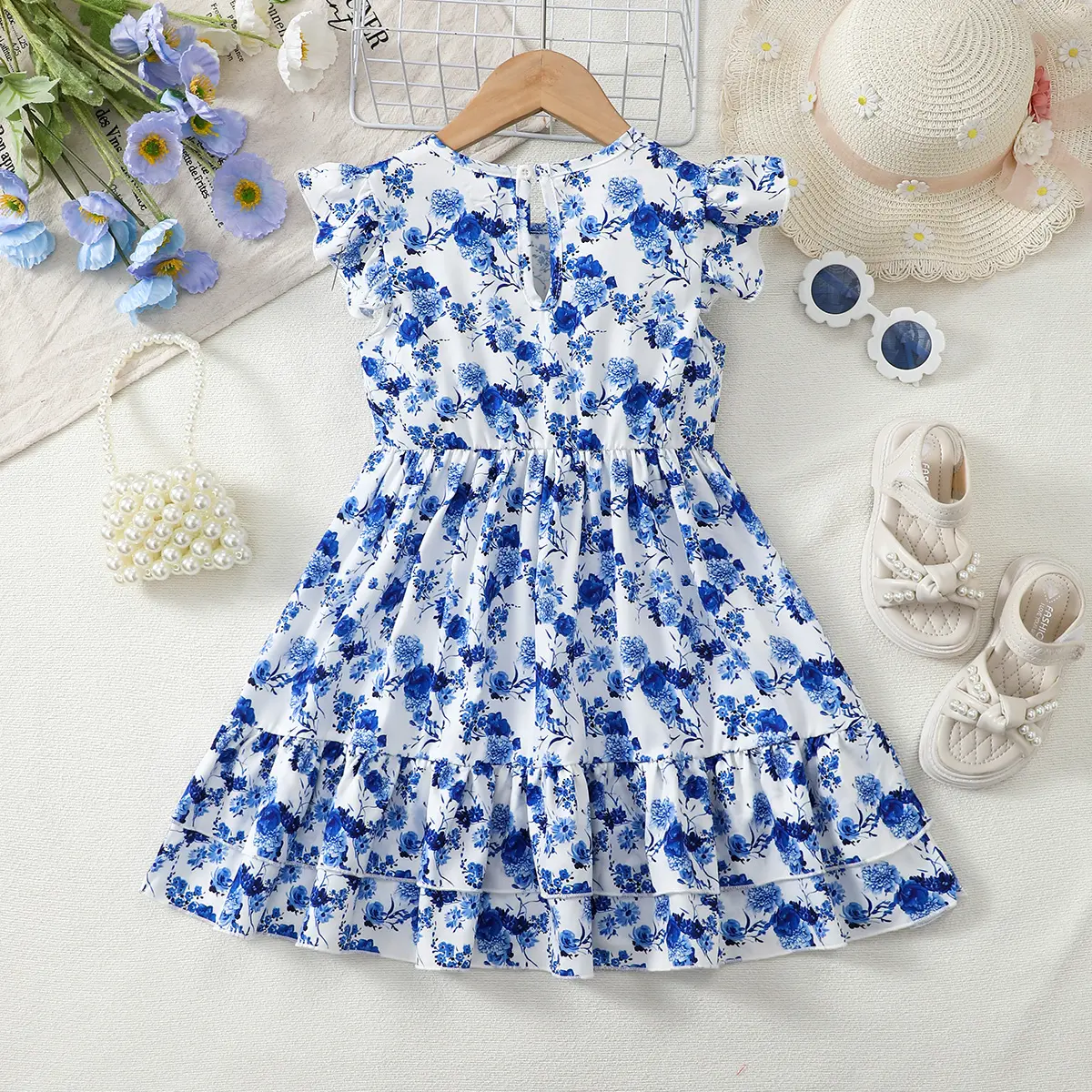 2025 Kid Girls' Dress Blue Floral Double-layer Ruffle Edge Sleeveless Dress suitable for 1-6 Year old Girls' Summer Casual Dress