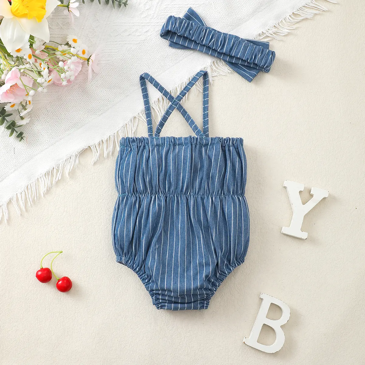 Newborn Children Baby girl Jumpsuit Blue Suspender Bow Stripe Summer Jumpsuit 0-18 Months Baby Girl Crawling Suit Baby Clothes