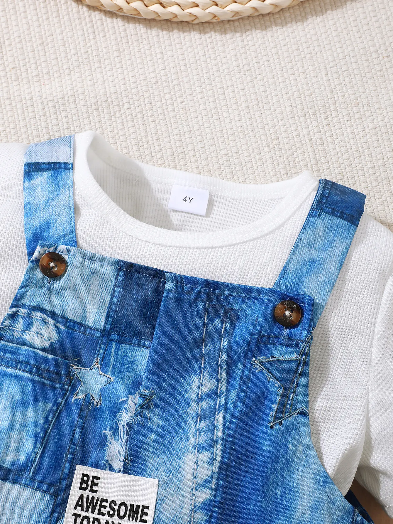 3Pcs Kid Boy Round neck White Top+Denim Printed Rompers+Hat Three Piece Set Cool Boy Summer Set Suitable 4-7 Years