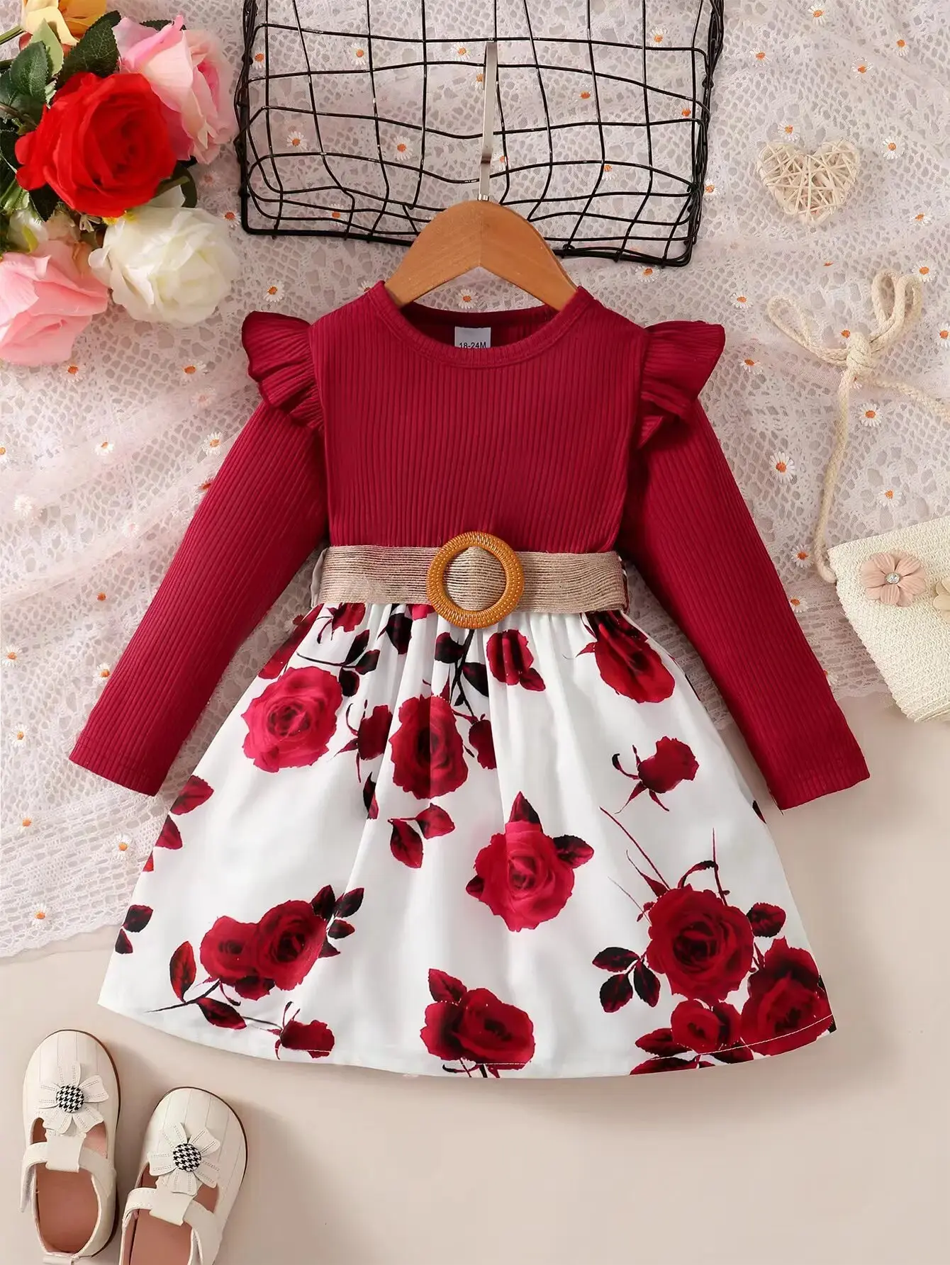 1-7 Years Fashion Dress for Children Girls Long Sleeved Flower Skirt with Belt Birthday Party Wear Outfits New Year's Clothing