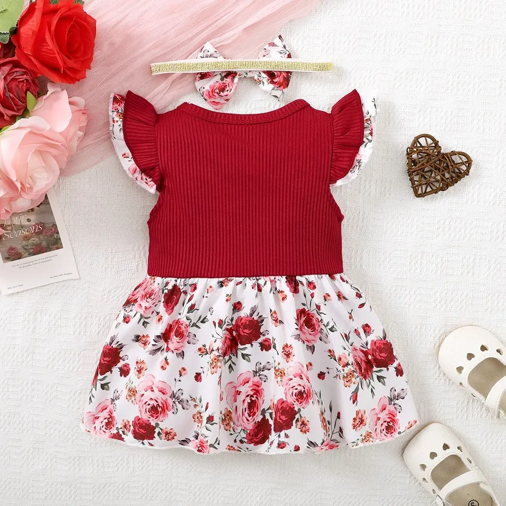 Cute Baby Girl Round Neck Bow Flower Print Fashionable Dress With Headband Suitable for Babies Aged 0-2 Summer Family Gatherings