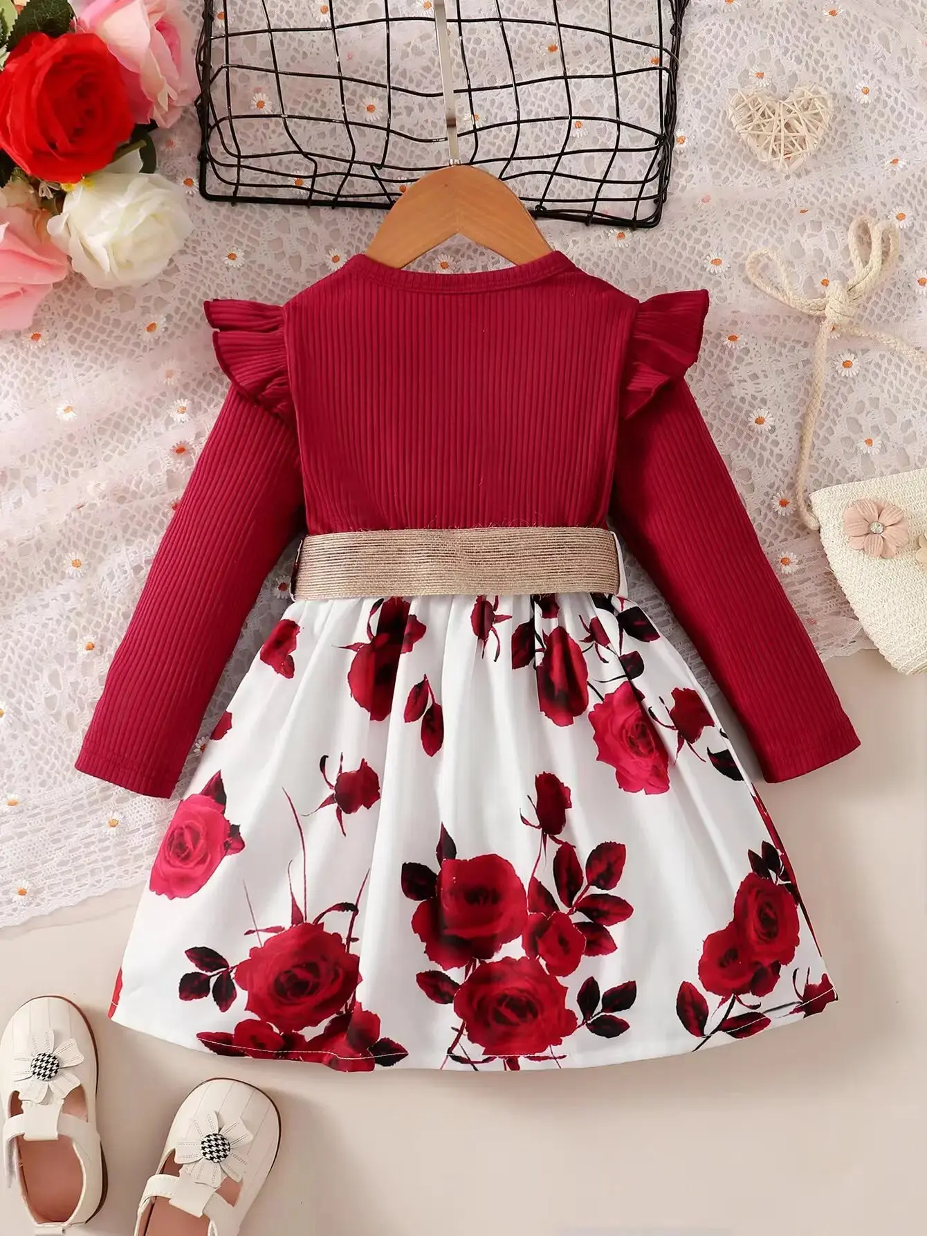 1-7 Years Fashion Dress for Children Girls Long Sleeved Flower Skirt with Belt Birthday Party Wear Outfits New Year's Clothing