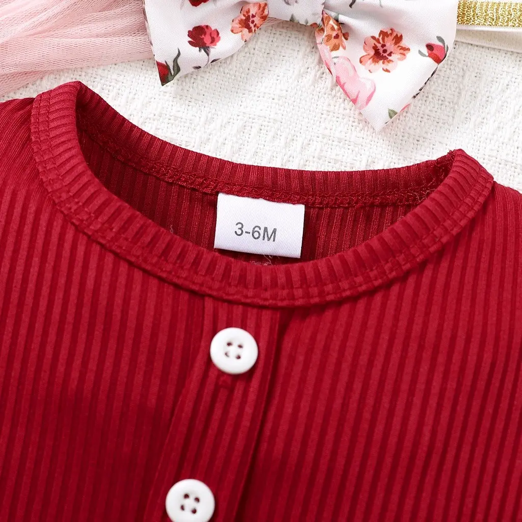 Cute Baby Girl Round Neck Bow Flower Print Fashionable Dress With Headband Suitable for Babies Aged 0-2 Summer Family Gatherings