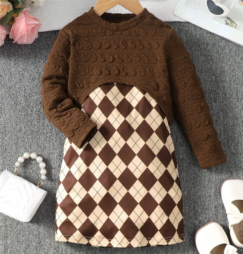 1-8 Years Kids Girl 2PCS Clothes Set Brown Long Sleeve Top+Lattice Sling Dress Fashion Daily Photograph Birthday Party Outfits