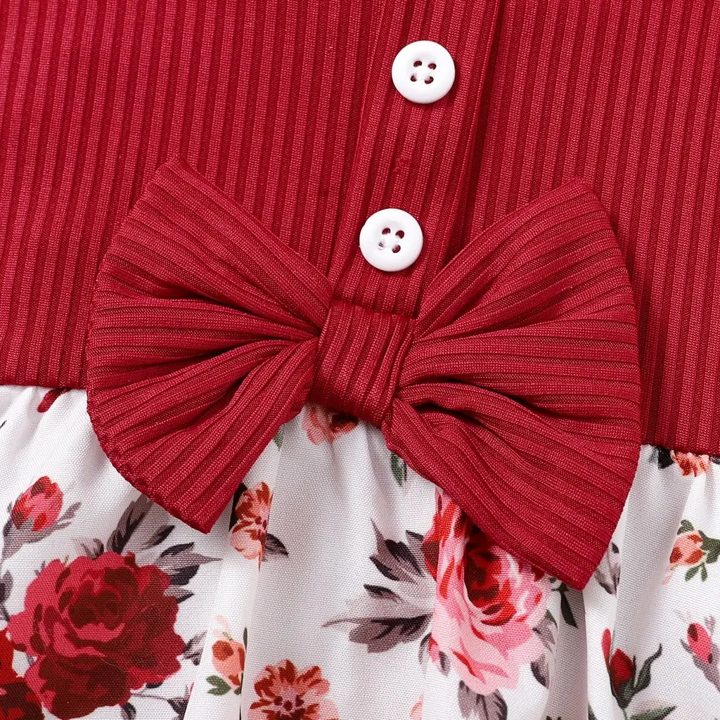 Cute Baby Girl Round Neck Bow Flower Print Fashionable Dress With Headband Suitable for Babies Aged 0-2 Summer Family Gatherings