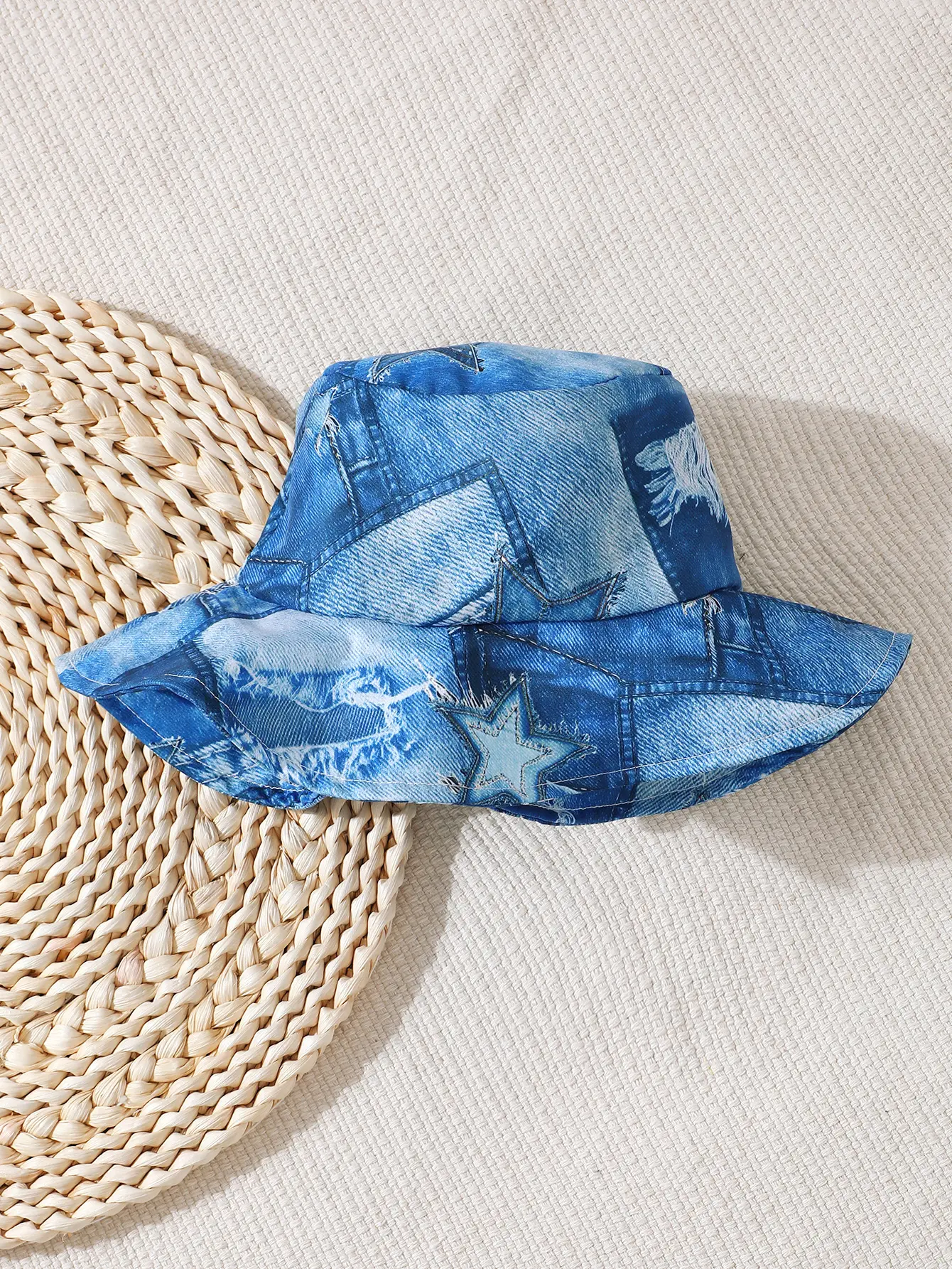 3Pcs Kid Boy Round neck White Top+Denim Printed Rompers+Hat Three Piece Set Cool Boy Summer Set Suitable 4-7 Years
