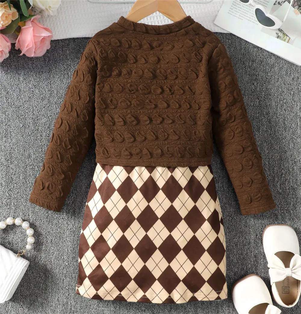 1-8 Years Kids Girl 2PCS Clothes Set Brown Long Sleeve Top+Lattice Sling Dress Fashion Daily Photograph Birthday Party Outfits