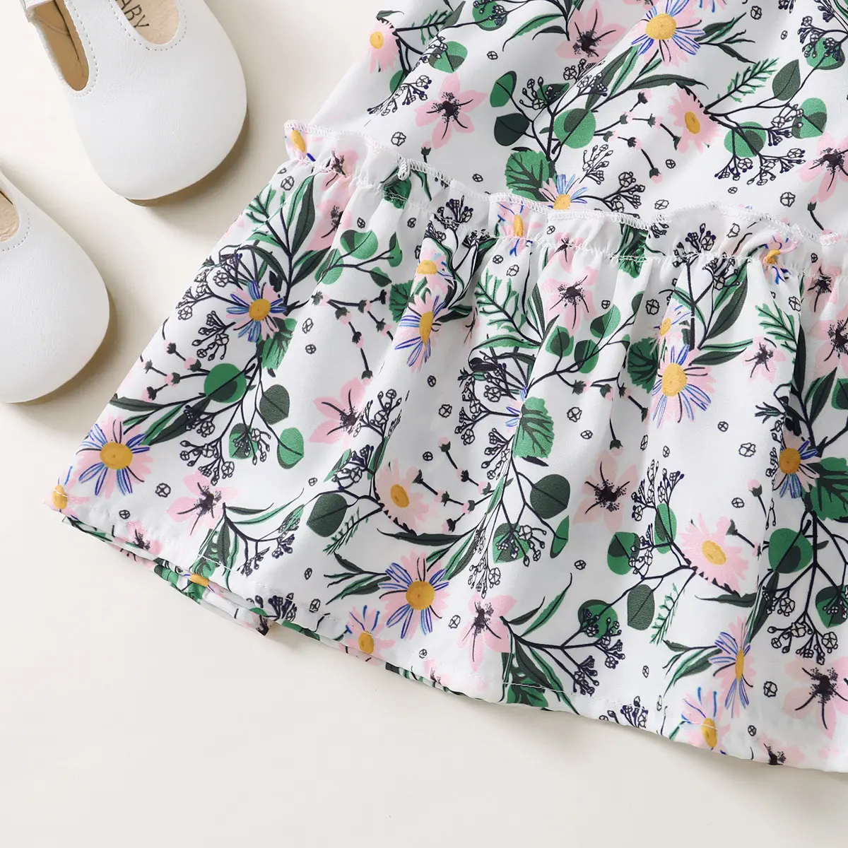 Children's Clothing Girl's Pastoral Style Pleated Edge Printed Summer Dress Fit 1-6 Year old Girl's Design Sense Delicate Dress