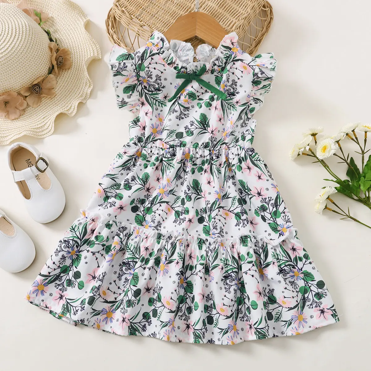 Children's Clothing Girl's Pastoral Style Pleated Edge Printed Summer Dress Fit 1-6 Year old Girl's Design Sense Delicate Dress