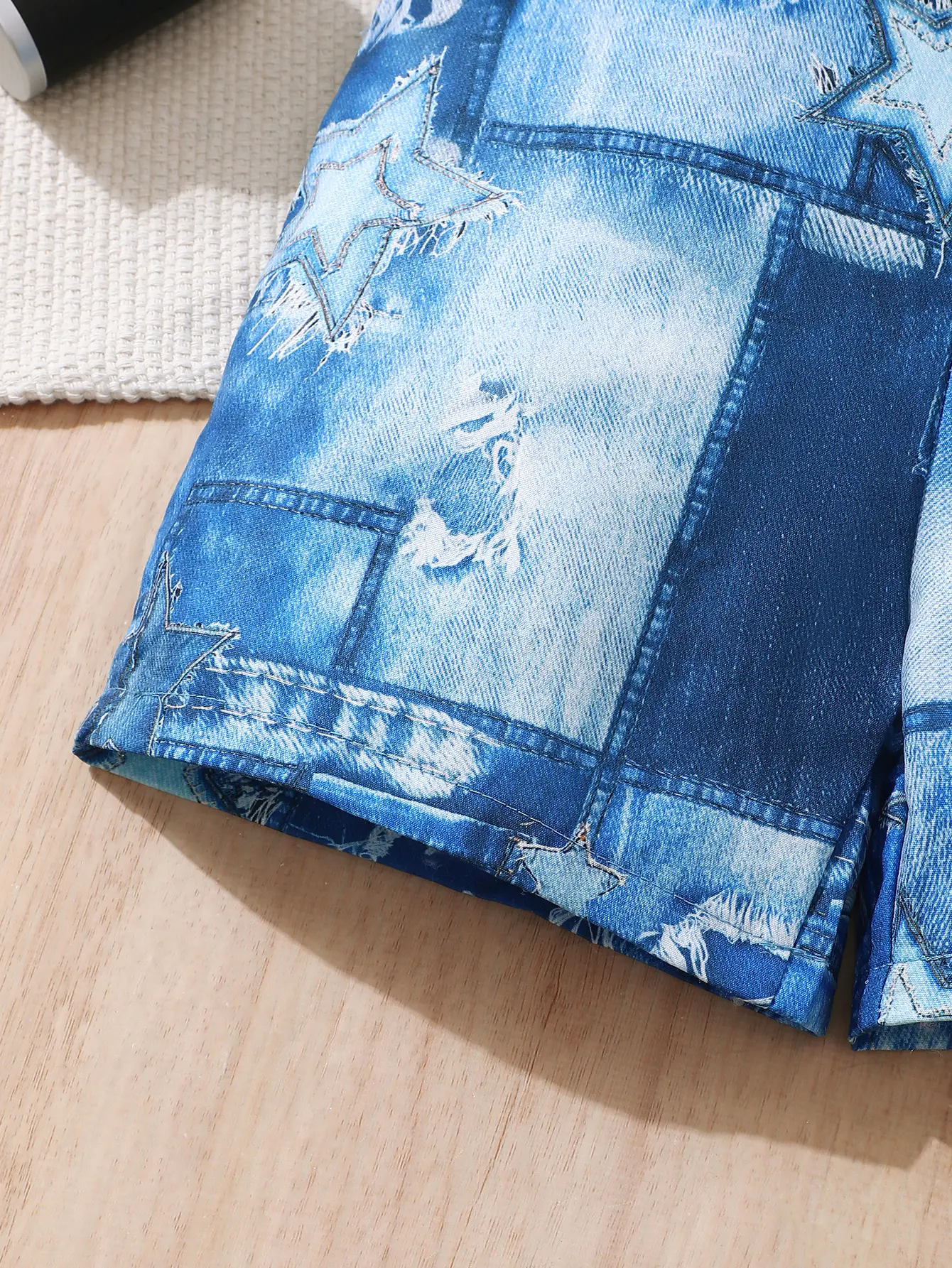 3Pcs Kid Boy Round neck White Top+Denim Printed Rompers+Hat Three Piece Set Cool Boy Summer Set Suitable 4-7 Years