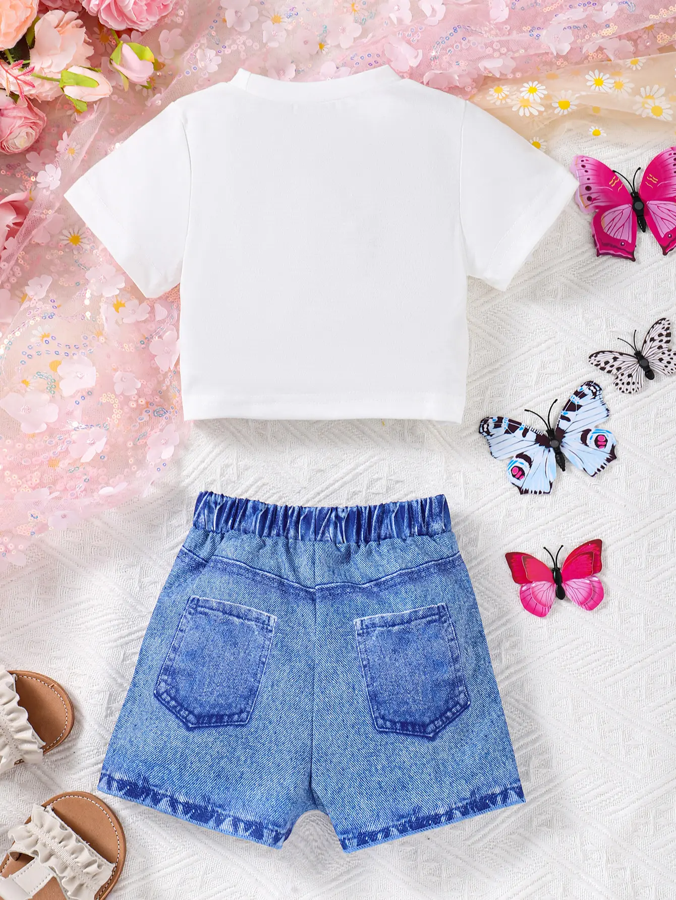 Toddler Baby Girl Set Fashion Butterfly Top+3D Denim Printed Shorts Two Piece Set 0-24 Months Baby Girl Summer Set baby clothes