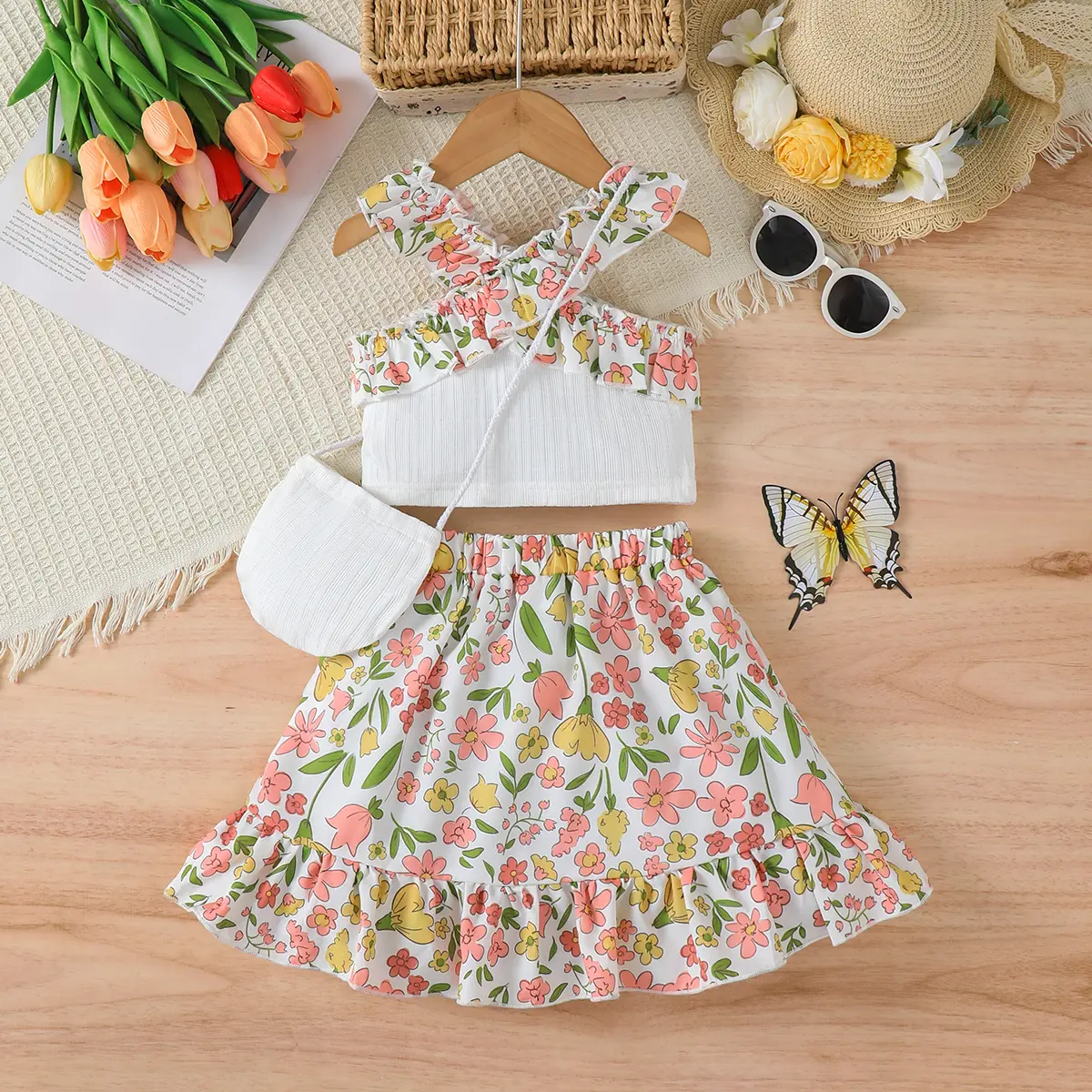 Summer girls' 3Pcs Small Floral Ruffled off Shoulder Top, Half skirt, Mini bag Fashion Set  for girls aged 4-7 Years clothing