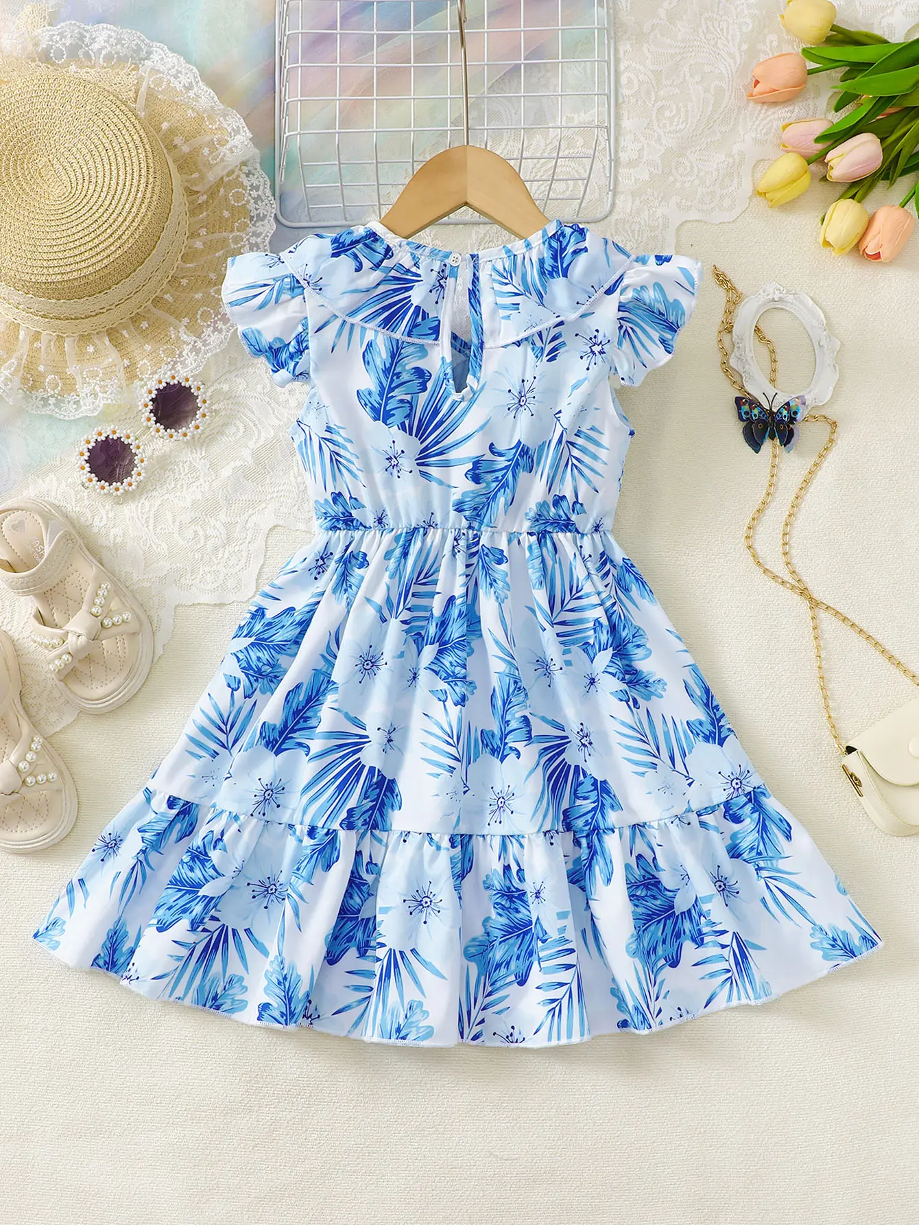 Summer Girls' Dress Lotus leaf Edge Blue Maple Leaf Print Dress, 1-6 Year old Girls' Beach Vacation Casual Dress