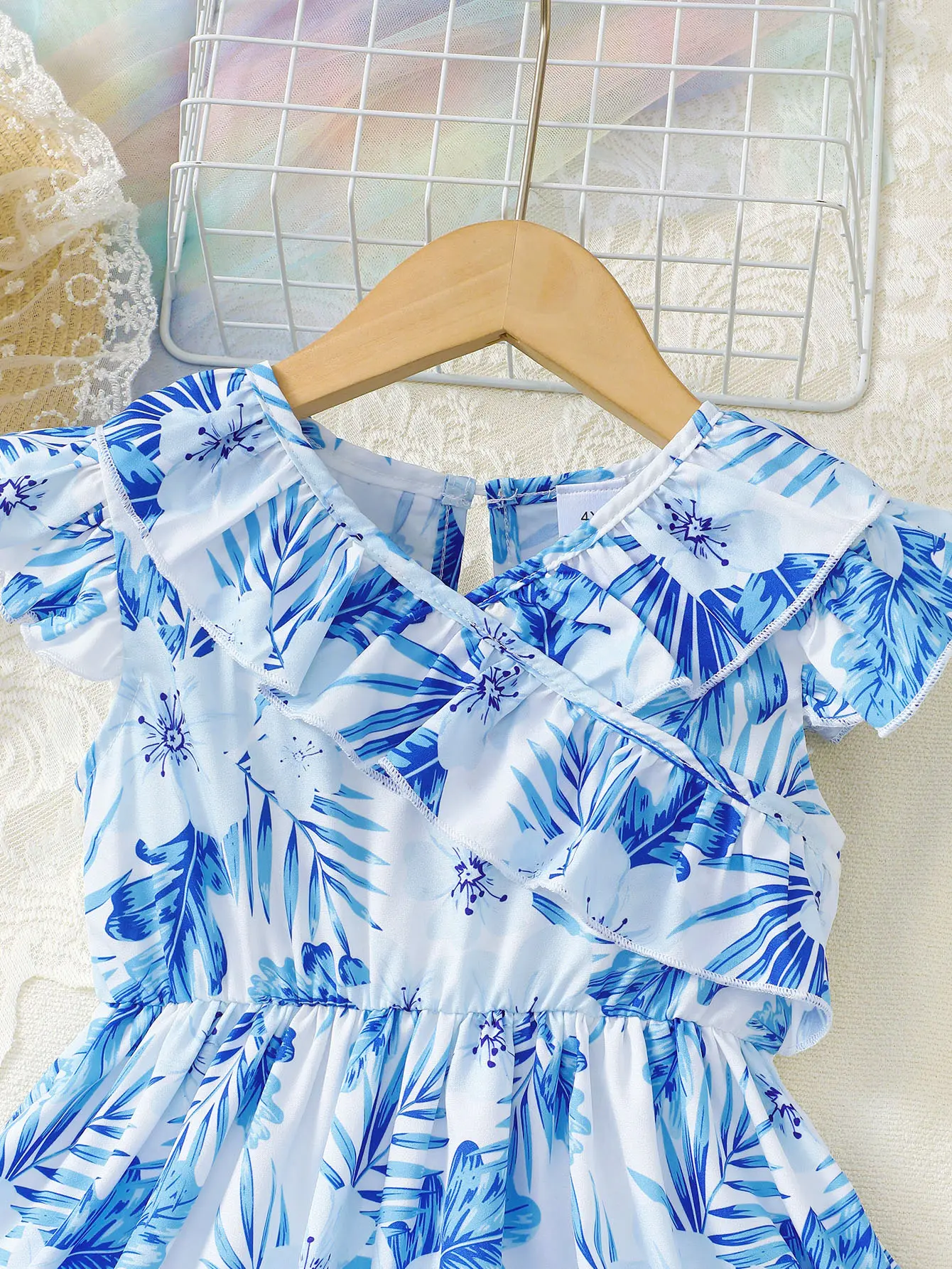 Summer Girls' Dress Lotus leaf Edge Blue Maple Leaf Print Dress, 1-6 Year old Girls' Beach Vacation Casual Dress