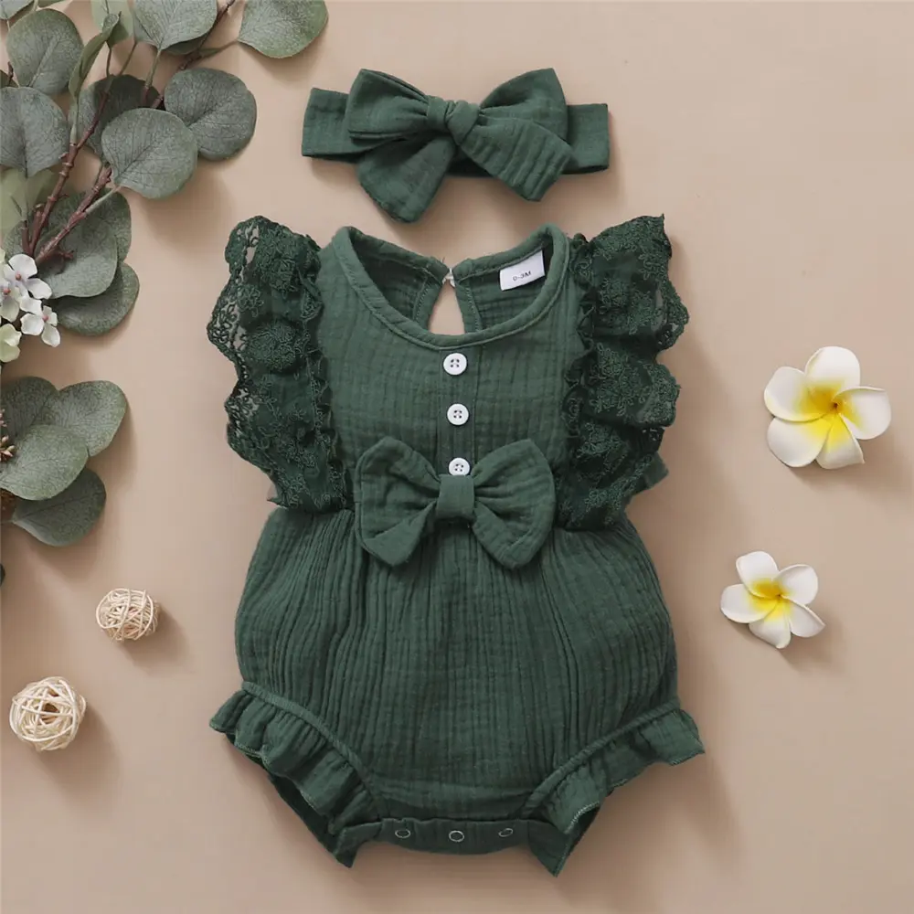 0-18 Months Old Newborn Solid Color Sleeveless Round Neck Lace Edge Bow Romper+Headband Baby Girl Summer New Casual Jumpsuit