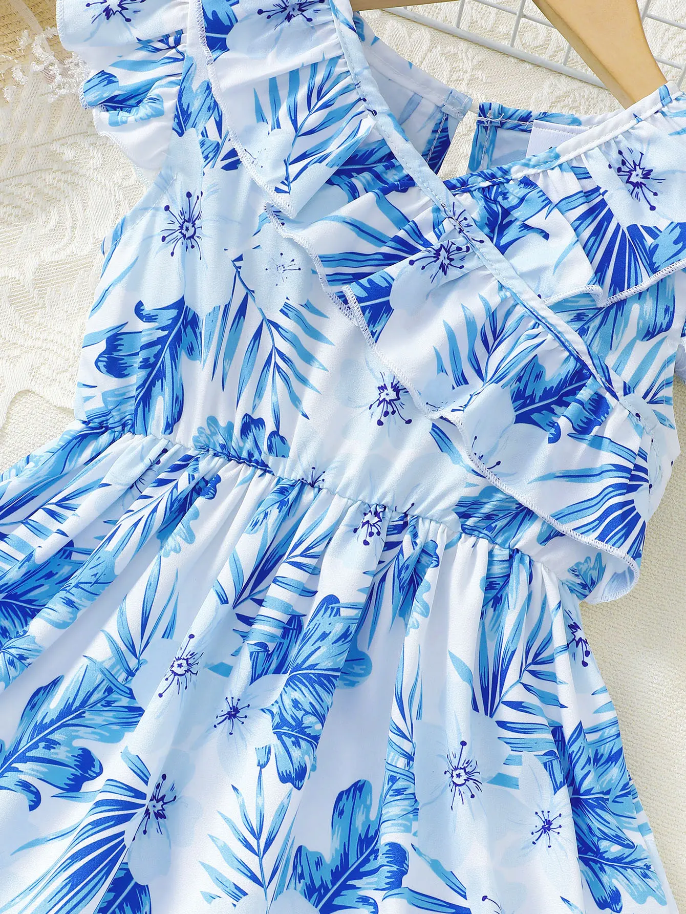 Summer Girls' Dress Lotus leaf Edge Blue Maple Leaf Print Dress, 1-6 Year old Girls' Beach Vacation Casual Dress