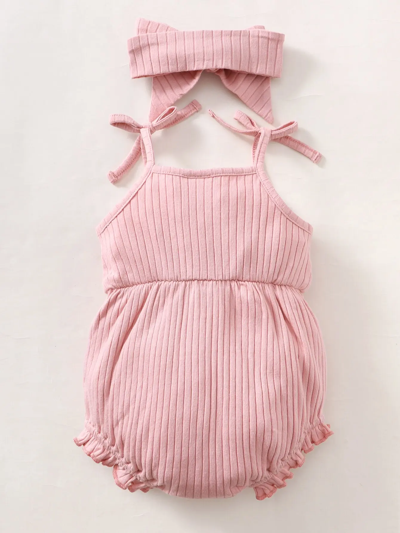 0-9 Months Newborn Baby Girl Romper Pink Ribbed Sling Bodysuit+ Headwear Summer Fashion Cute Button Decoration Jumpsuit